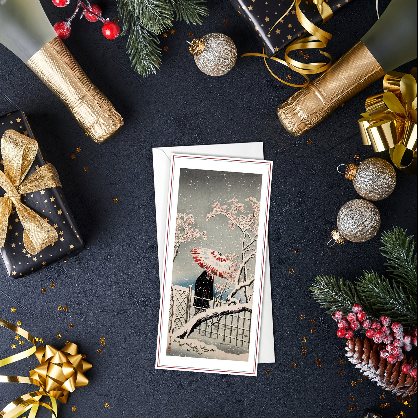 Set of 10 Japanese Ukiyo-e Greeting Cards – Long Format Christmas & New Year