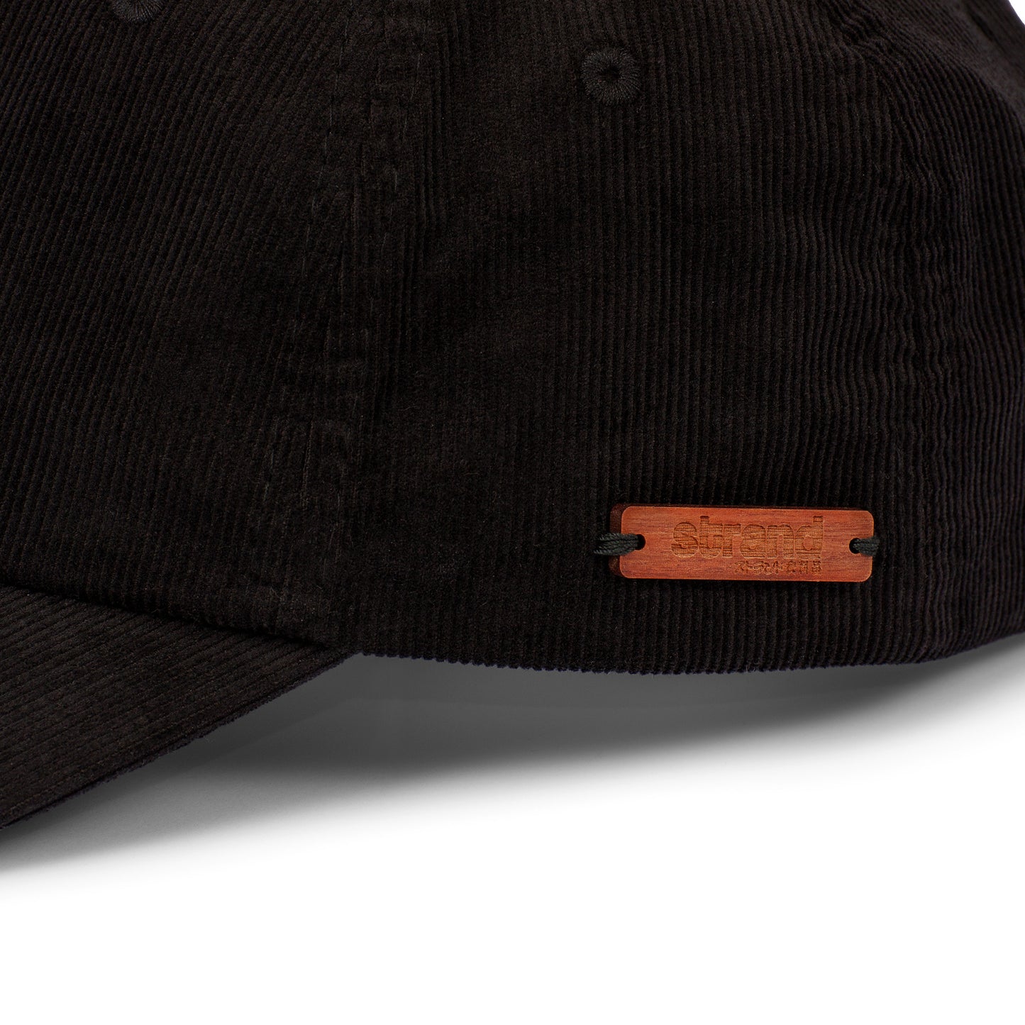 Japanese Style Cord Baseball Cap with Wooden Detail - Black