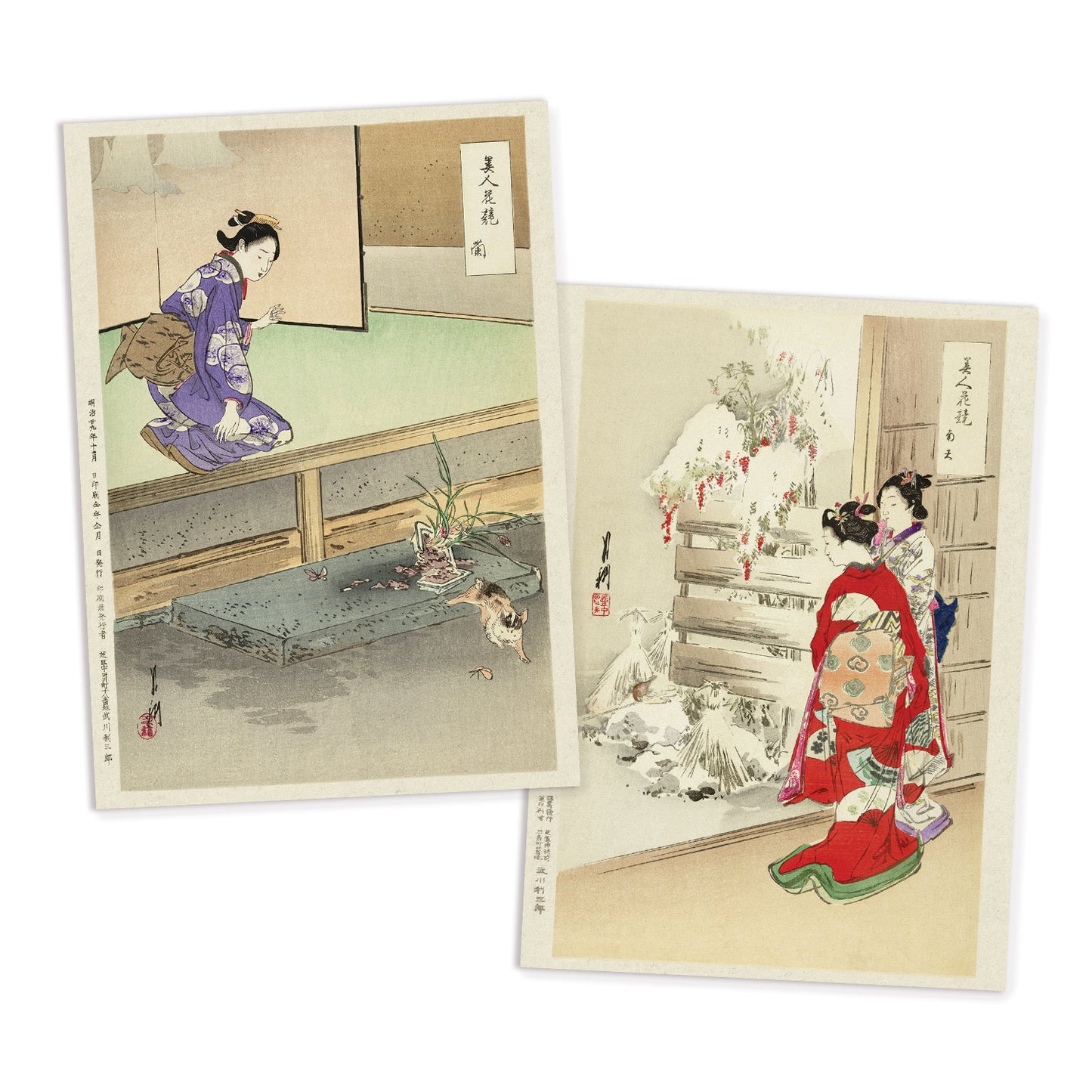 Japanese Ukiyo-e Art Postcards Set of 10 - Ogata Gekkō Japanese Woodblock Art Bijin & Flowers Ukiyo-e Prints