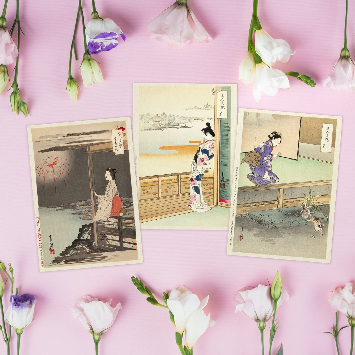 Japanese Ukiyo-e Art Postcards Set of 10 - Ogata Gekkō Japanese Woodblock Art Bijin & Flowers Ukiyo-e Prints
