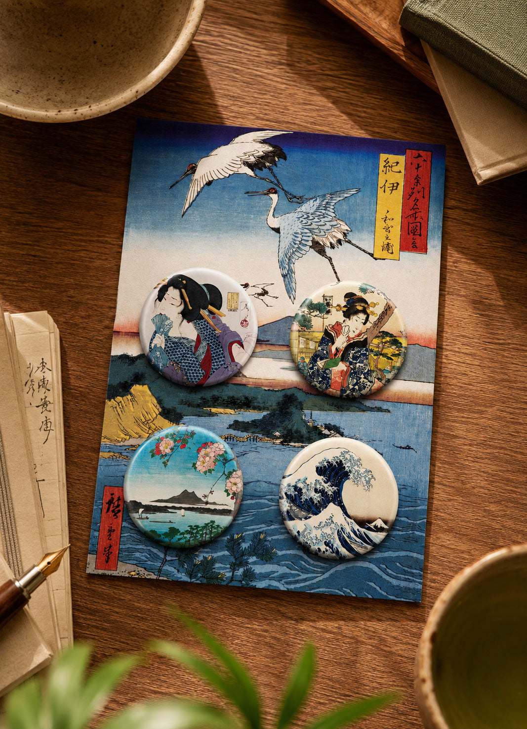Japanese Ukiyo-e Badge Set · 4× 38mm Pin Buttons · Hokusai & Hiroshige Art
