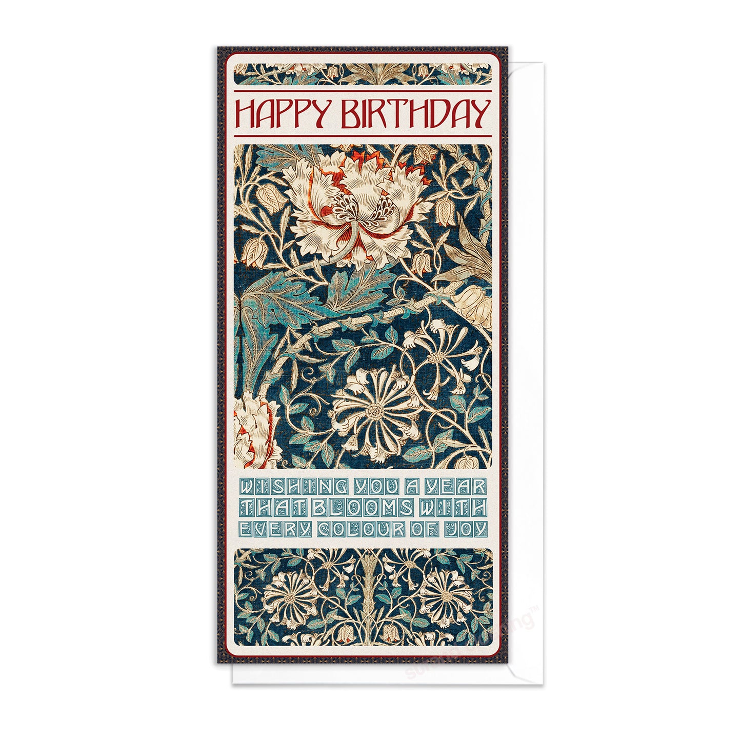William Morris Honeysuckle Birthday Card – Elegant Long Floral Art Greeting Card DL Format