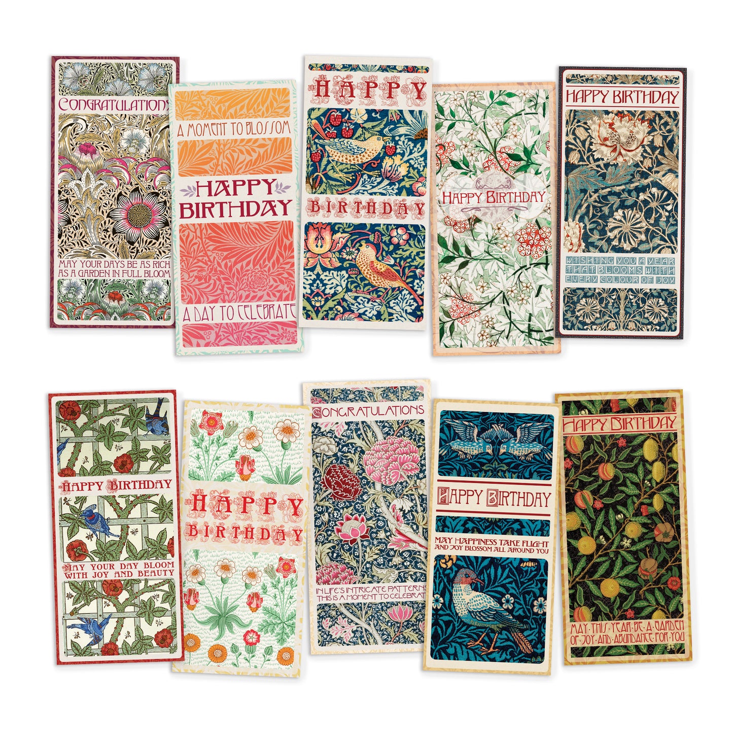 Set of 10 William Morris Greeting Cards – Long Format for Birthday & Congratulations