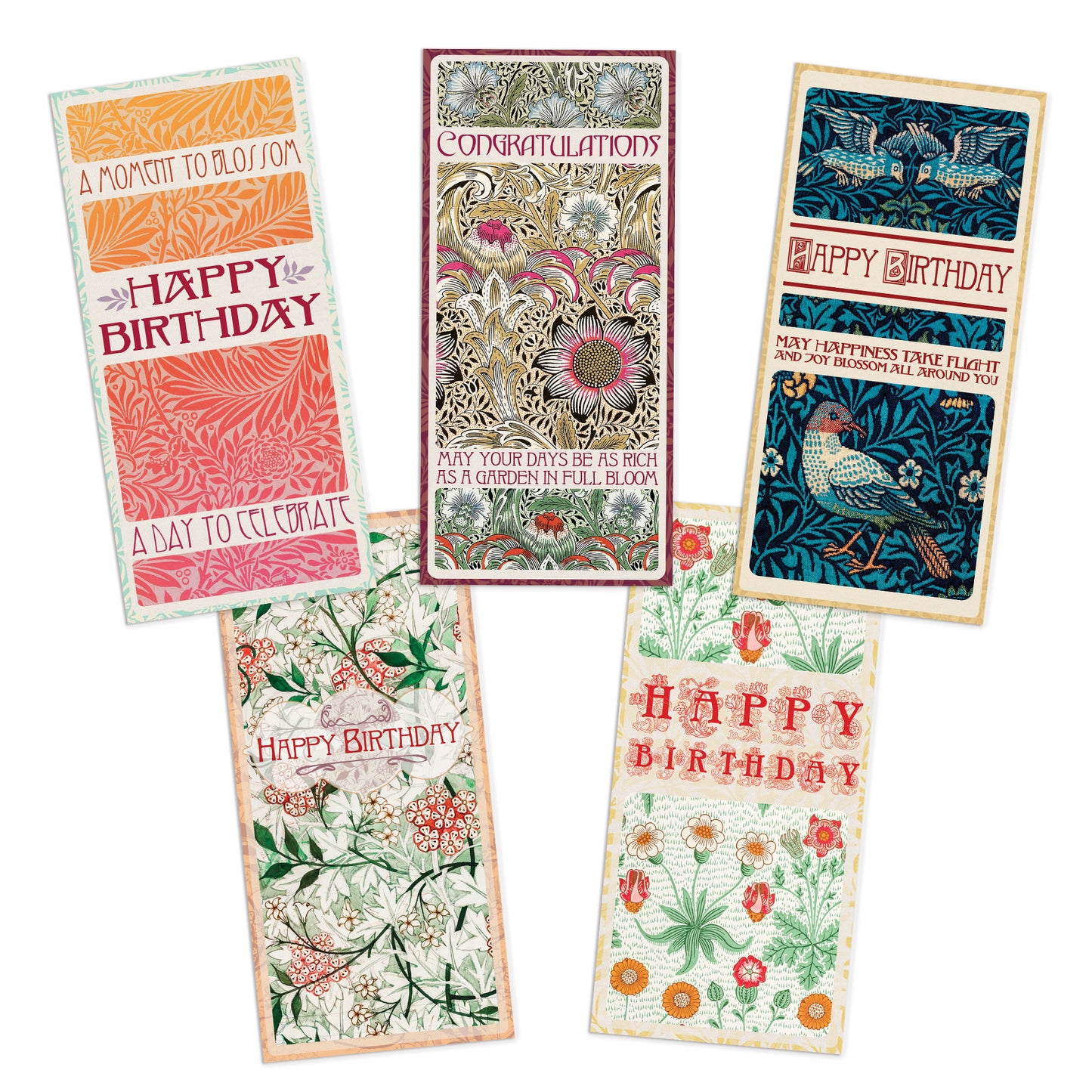 Set of 5 William Morris Greeting Cards – Long Format for Birthday & Congratulations