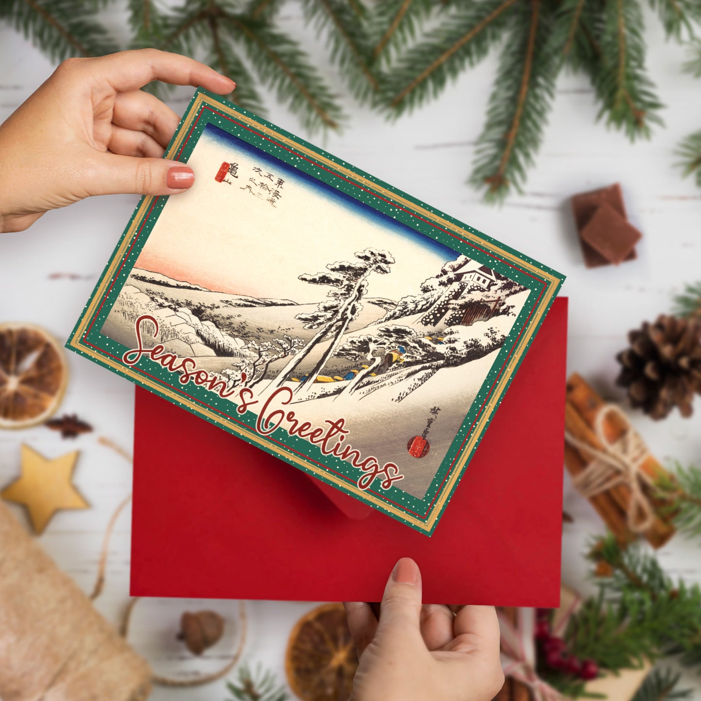 “Kameyama, Clear Weather after Snow” by Utagawa Hiroshige – Japanese Ukiyo-e Christmas Greeting Card – Large A5 Woodblock Art Card with Envelope