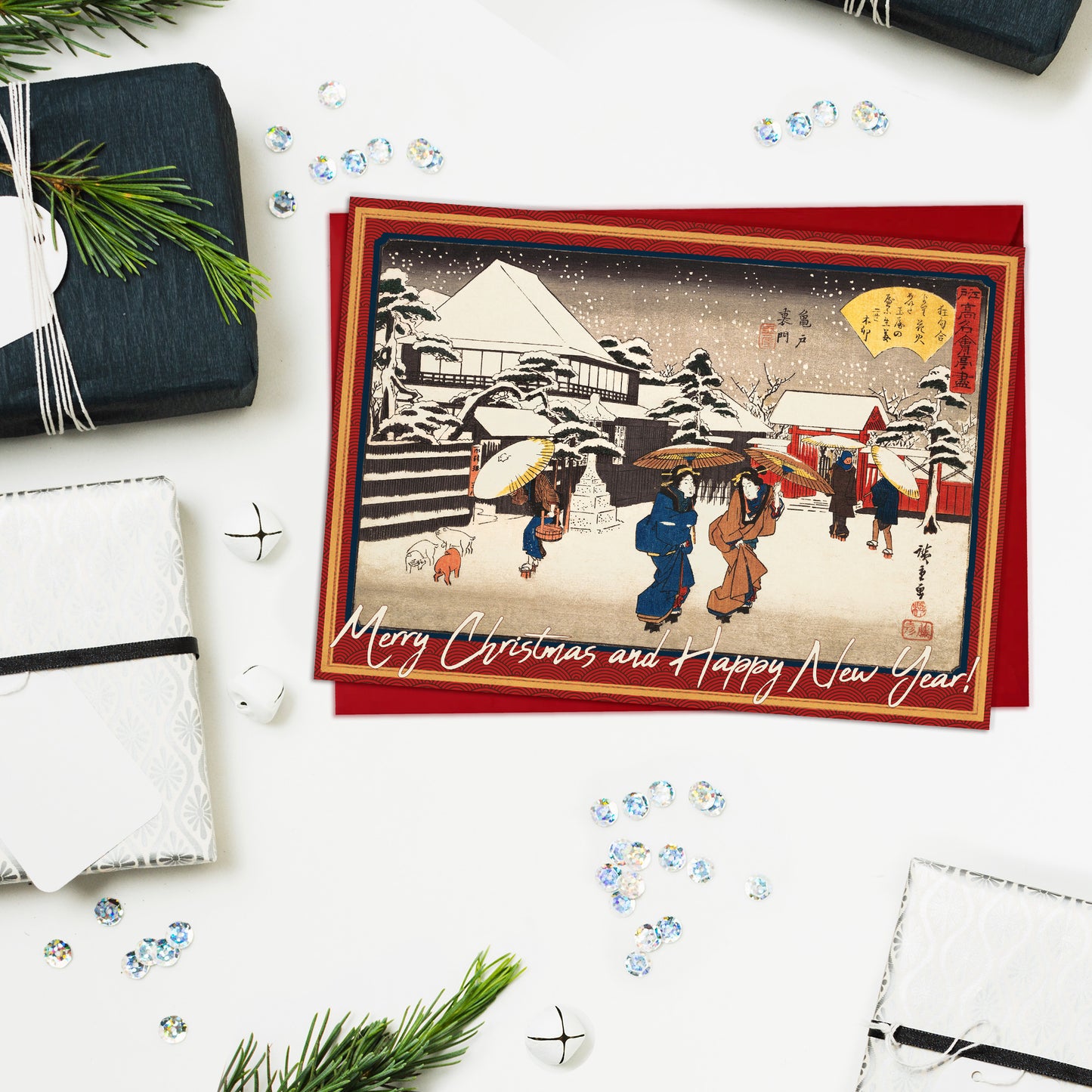 Japanese Woodblock Art Christmas Cards Set | 10 Large Luxury Cards with Envelopes