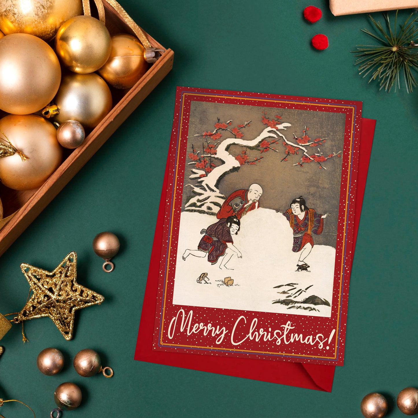 “Three Boys Making a Snowman” by Suzuki Harunobu – Japanese Ukiyo-e Christmas Greeting Card – Large A5 Woodblock Art Card with Envelope