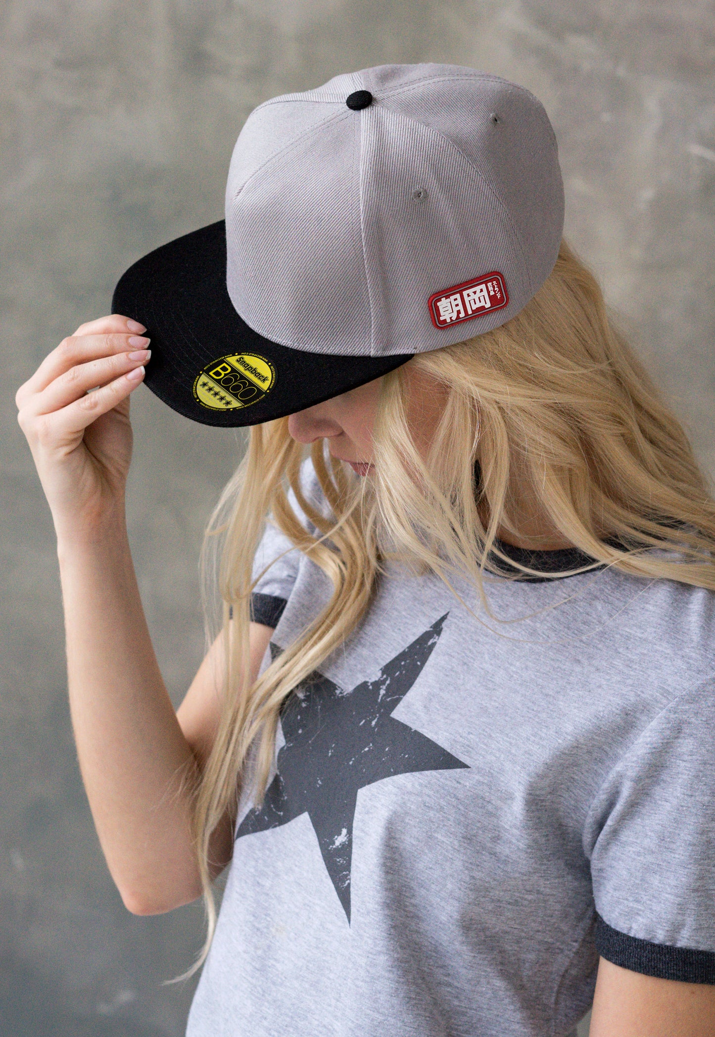 Snapback Baseball Cap with Japanese Applique – Grey with Green Underpeak