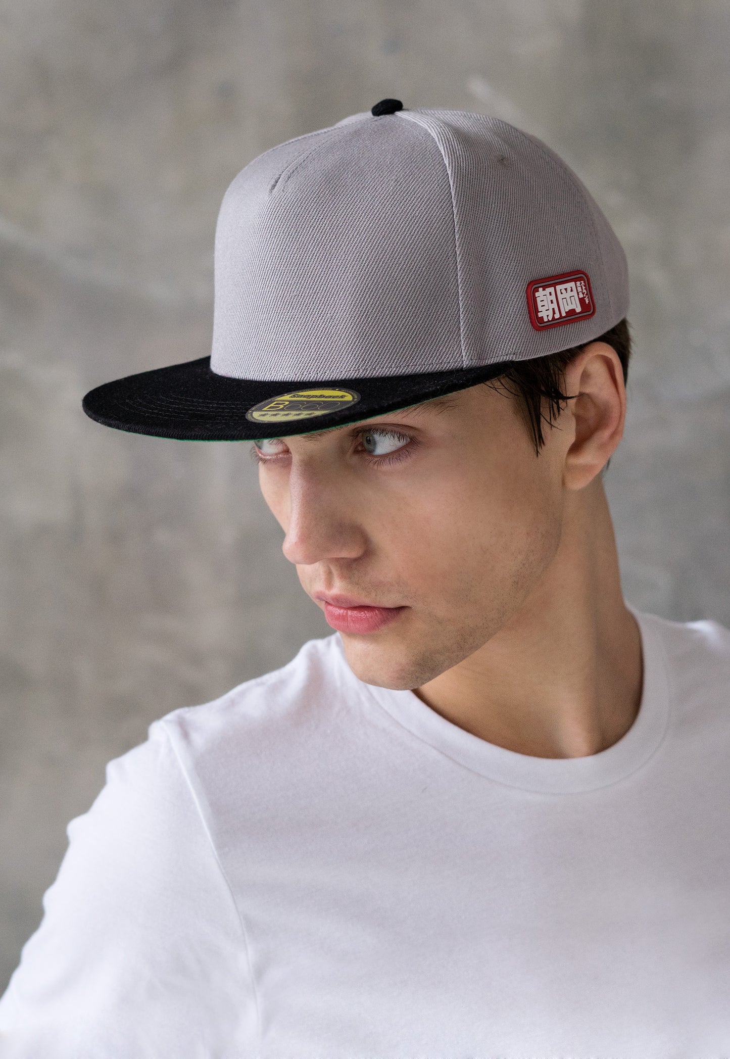 Snapback Baseball Cap with Japanese Applique – Grey with Green Underpeak