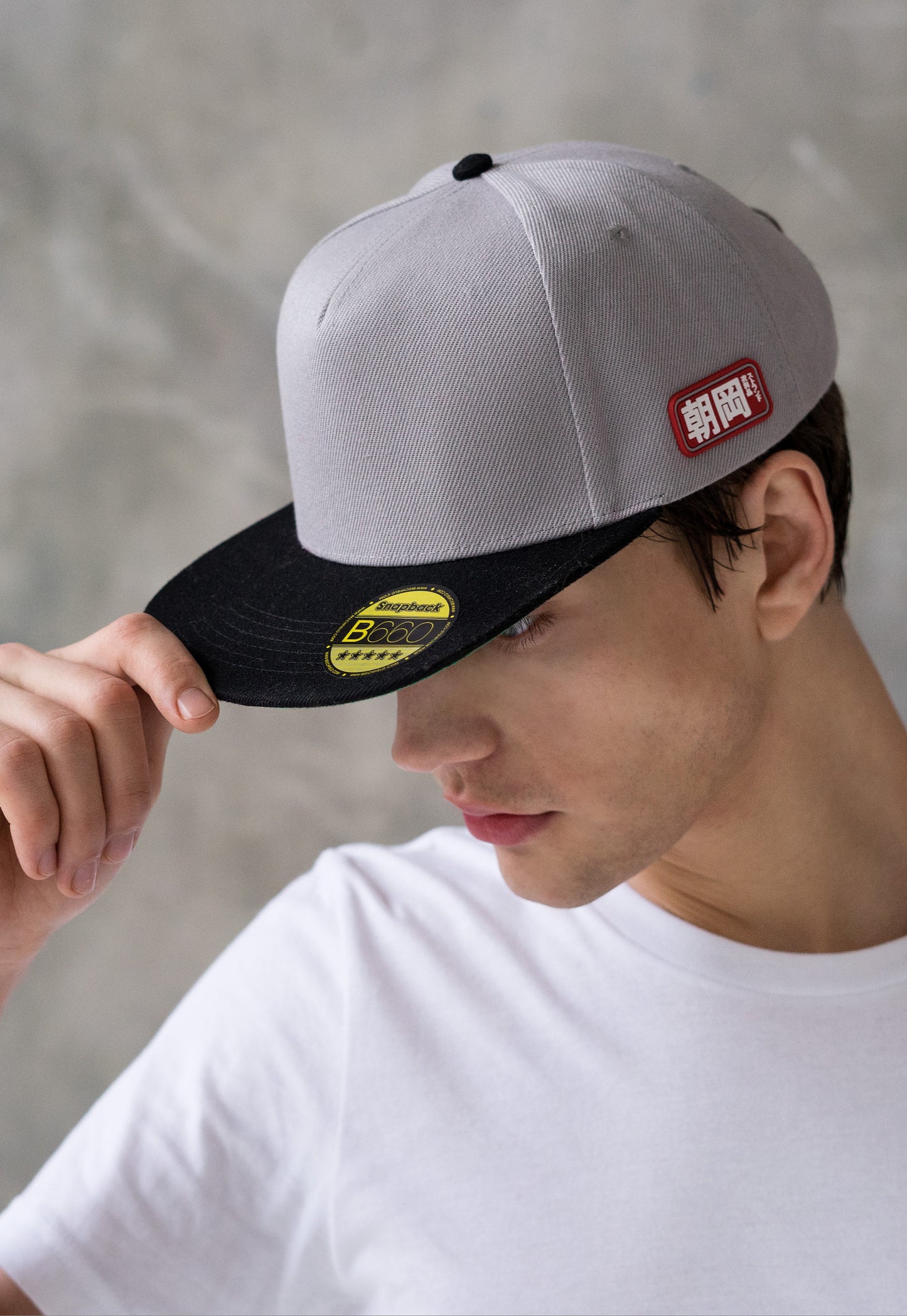 Snapback Baseball Cap with Japanese Applique – Grey with Green Underpeak