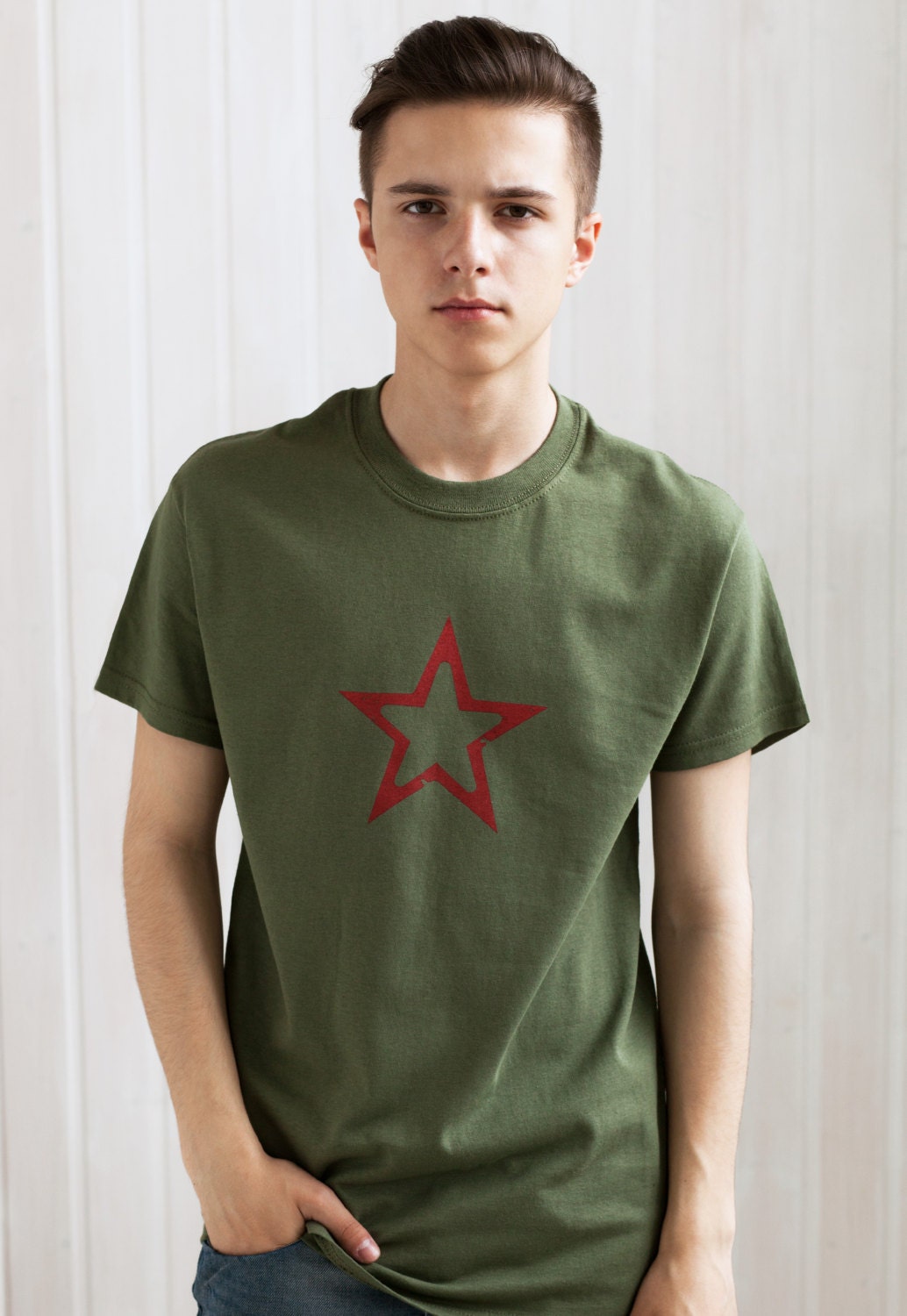 Star T Shirt - Geometric Abstract Minimalist Distressed Print Vintage USSR CCCP Soviet Army Mens Womens Graphic Printed Khaki Tee T-Shirt