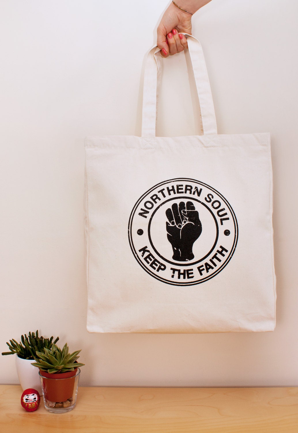 Northern Soul Tote Bag Keep The Faith Fist Logo Cotton Canvas Shopper Screen Printed Eco Friendly Market Retro Vintage Mod 60s 70s Music Rad