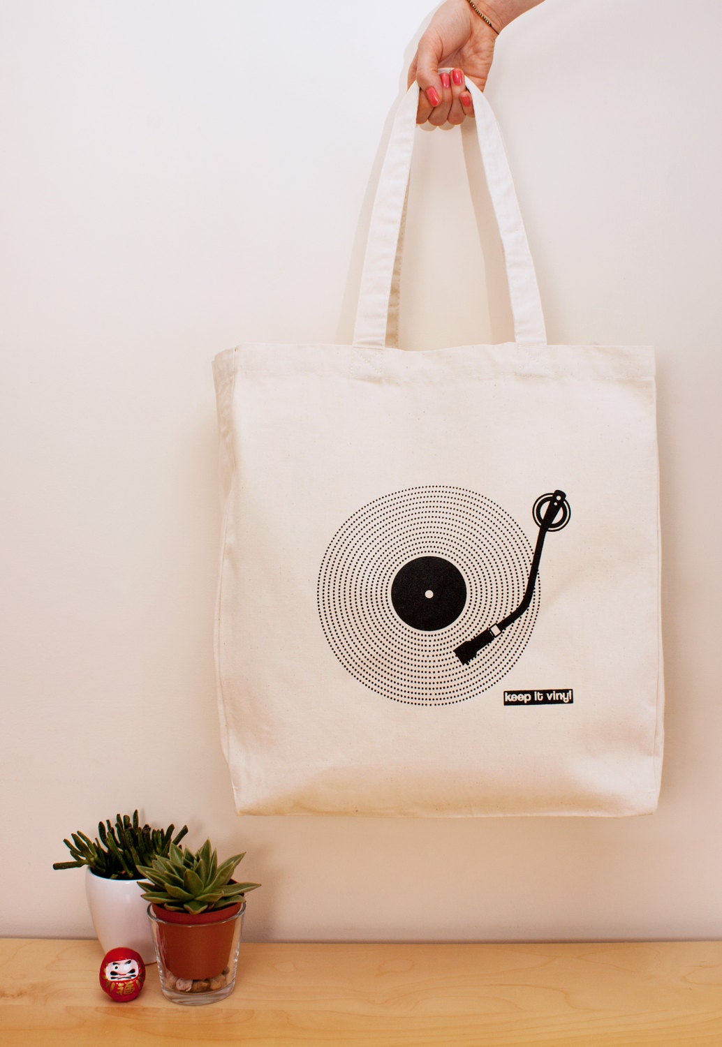 Keep It Vinyl Tote – Cotton Canvas Tote Shopper Bag Screen Printed Eco Friendly Market Bag LP Turntable Record Player Bass Deck Decks