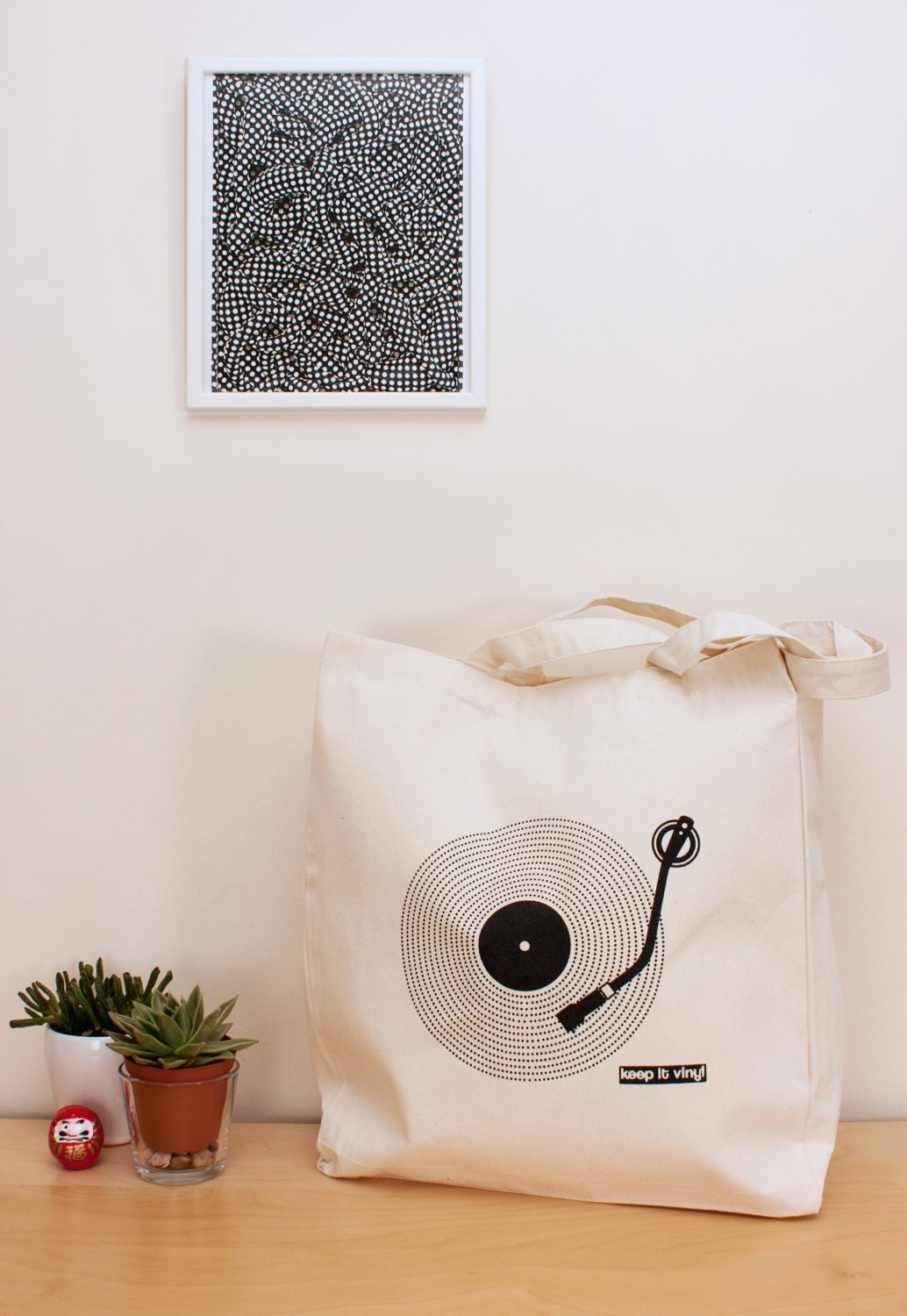 Keep It Vinyl Tote – Cotton Canvas Tote Shopper Bag Screen Printed Eco Friendly Market Bag LP Turntable Record Player Bass Deck Decks