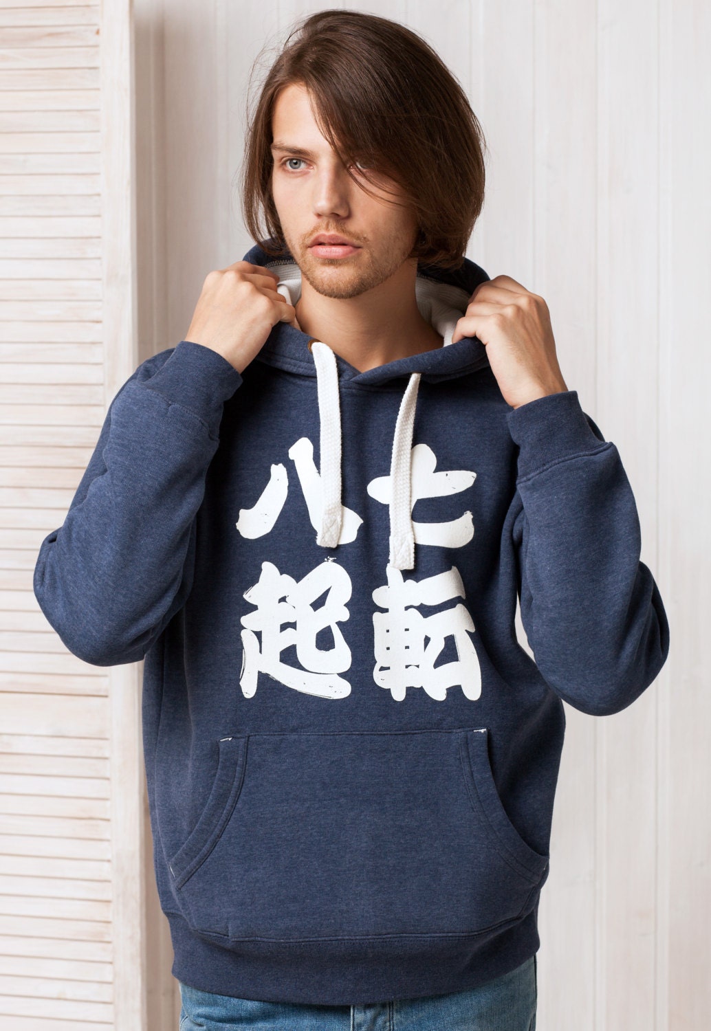 Japanese Hoodie Shichiten Hakki/ Nanakorobi Yaoki Japan Calligraphy Positive Motivational Jumper with Thumb Hole Cuffs Sweatshirt Hooded Top