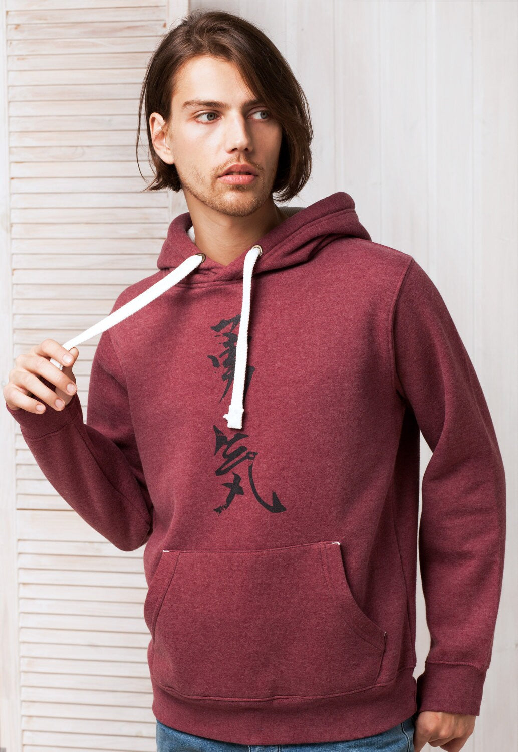 Japanese Hoodie Yuki/Courage Japan Calligraphy Positive Motivational Jumper with Thumb Hole Cuffs Mens Womens Printed Sweatshirt Hooded Top