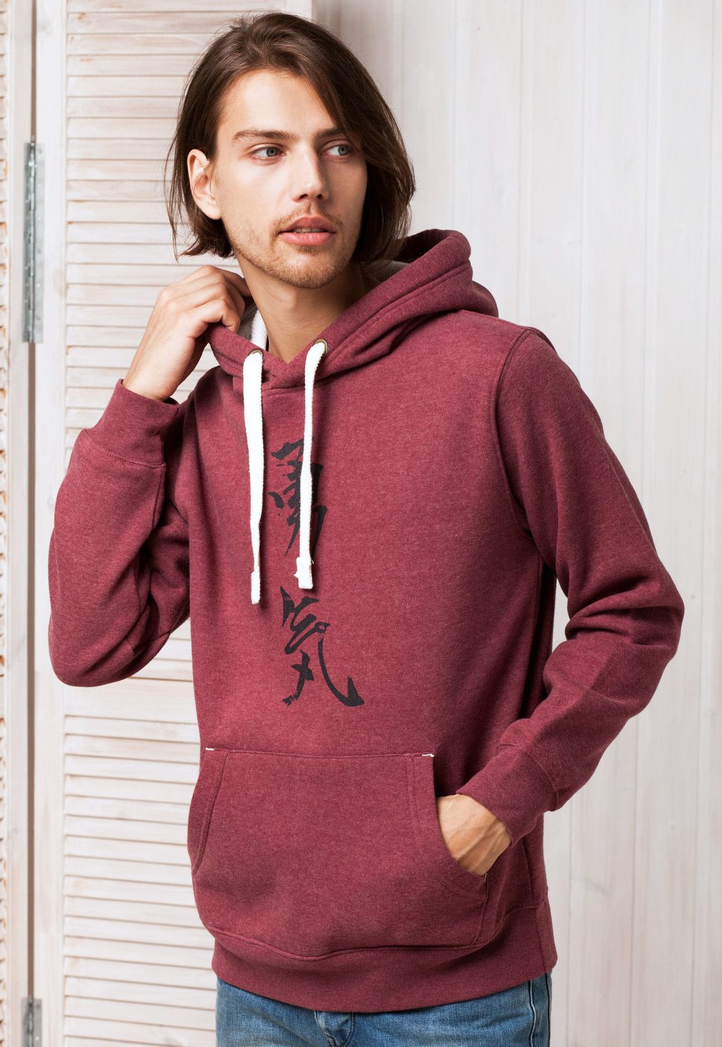 Japanese Hoodie Yuki/Courage Japan Calligraphy Positive Motivational Jumper with Thumb Hole Cuffs Mens Womens Printed Sweatshirt Hooded Top