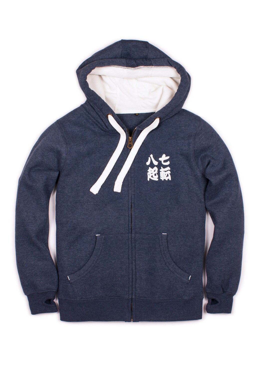 Japanese Zip Hoodie Shichiten Hakki/ Nanakorobi Yaoki - Calligraphy Positive Motivational Jumper with Thumb Hole Cuffs Sweatshirt Hooded Top