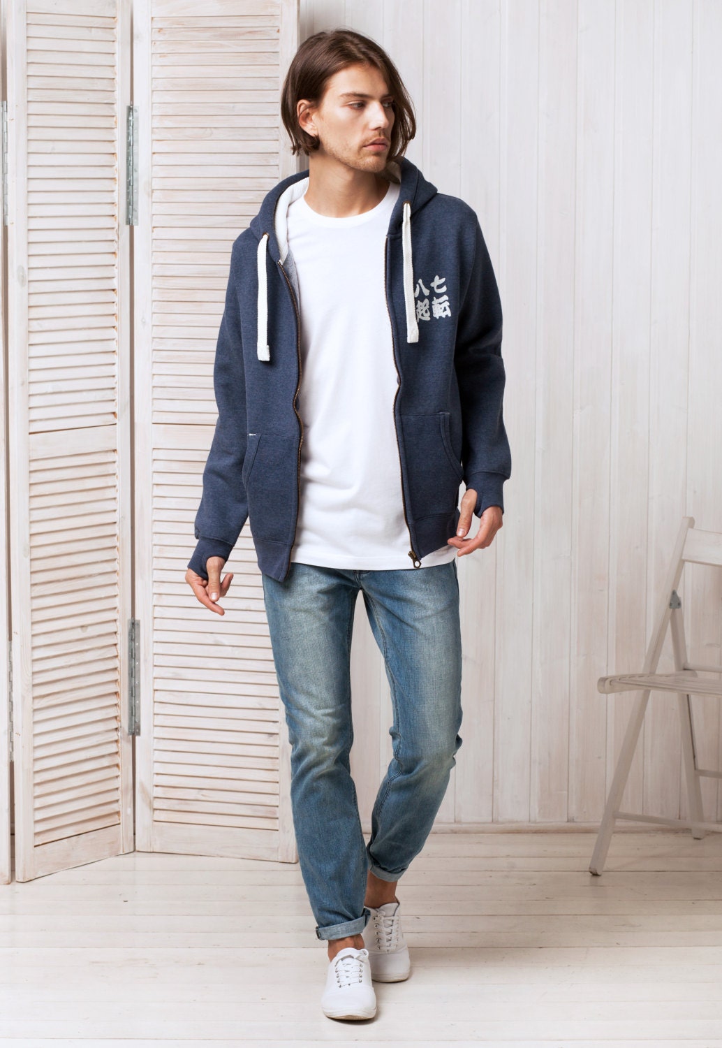 Japanese Zip Hoodie Shichiten Hakki/ Nanakorobi Yaoki - Calligraphy Positive Motivational Jumper with Thumb Hole Cuffs Sweatshirt Hooded Top