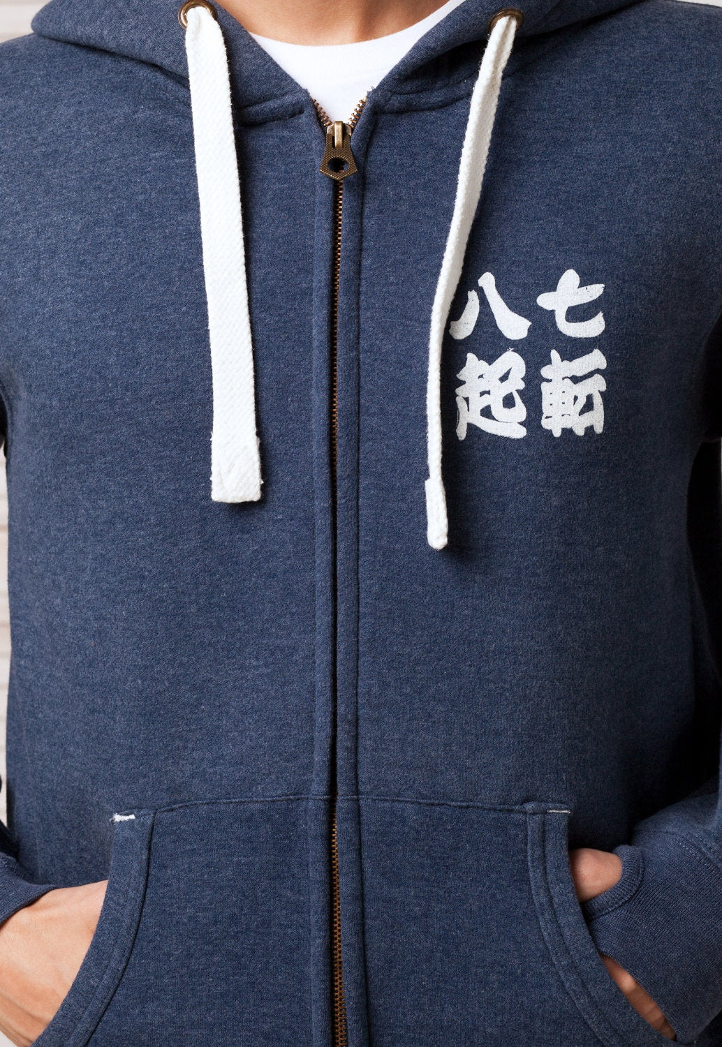 Japanese Zip Hoodie Shichiten Hakki/ Nanakorobi Yaoki - Calligraphy Positive Motivational Jumper with Thumb Hole Cuffs Sweatshirt Hooded Top