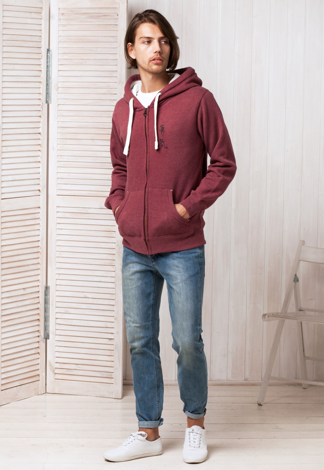 Japanese Zip Hoodie Yuki/Courage Japan Calligraphy Positive Motivational Jumper with Thumb Hole Cuffs Sweatshirt Zip Up Zipped Hooded Top