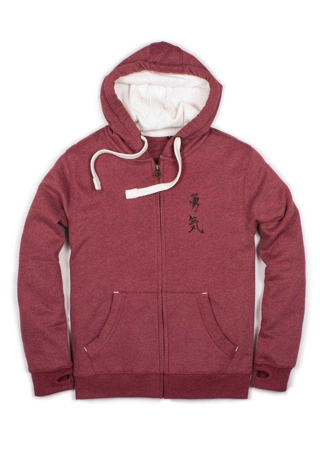 Japanese Zip Hoodie Yuki/Courage Japan Calligraphy Positive Motivational Jumper with Thumb Hole Cuffs Sweatshirt Zip Up Zipped Hooded Top