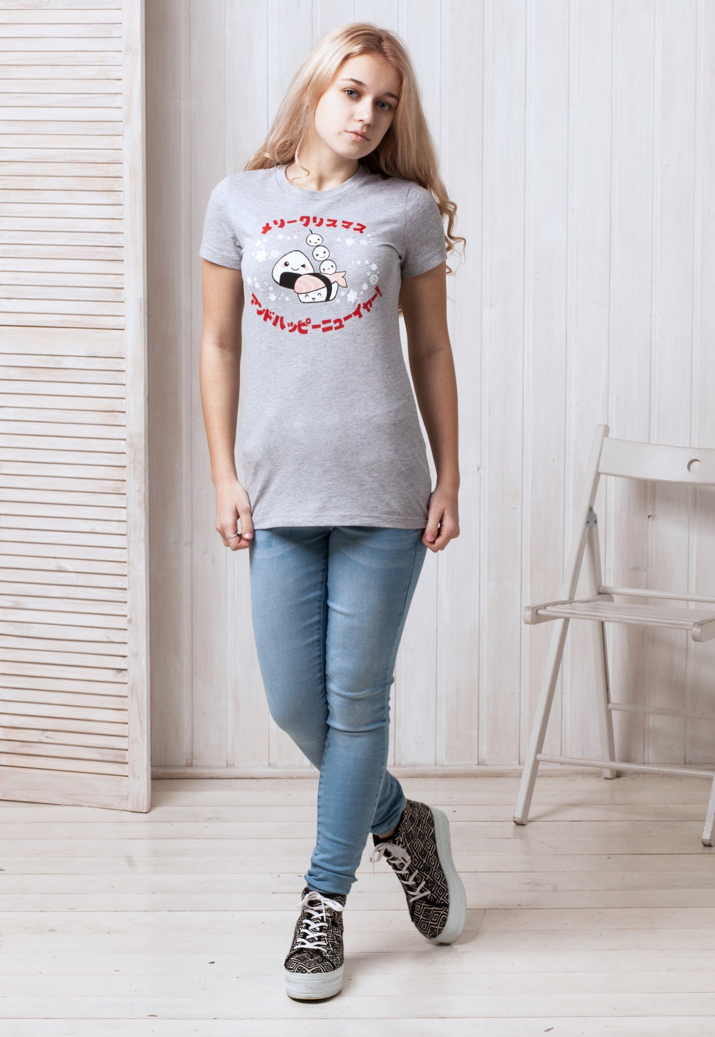 Japanese T Shirt Kawaii Sushi Christmas Party Japan Writing Kanji Anime Manga Holiday Kawaii Clothing Xmas Printed Ladies Girls Women's Tee