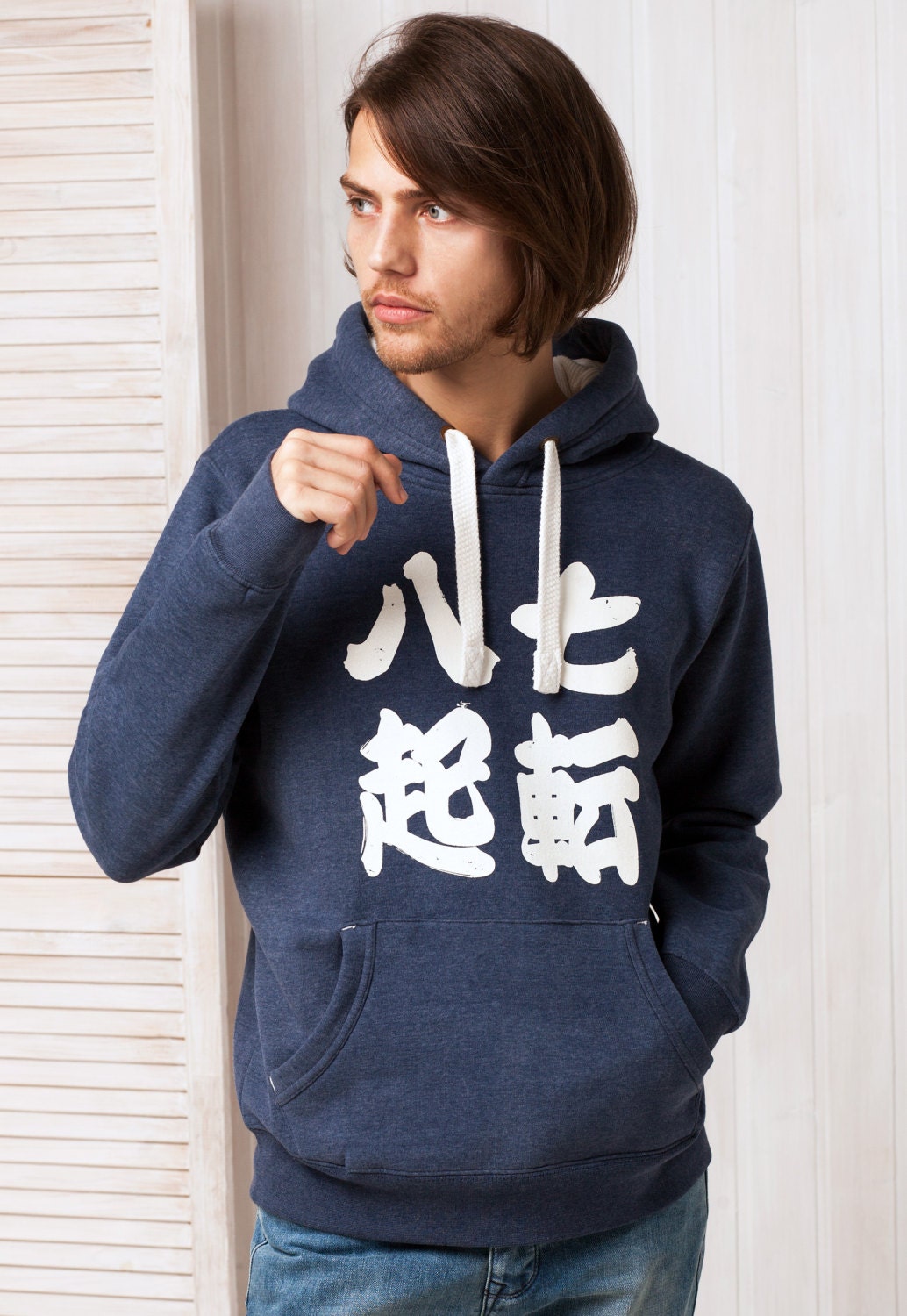Japanese Hoodie Shichiten Hakki/ Nanakorobi Yaoki Japan Calligraphy Positive Motivational Jumper with Thumb Hole Cuffs Sweatshirt Hooded Top