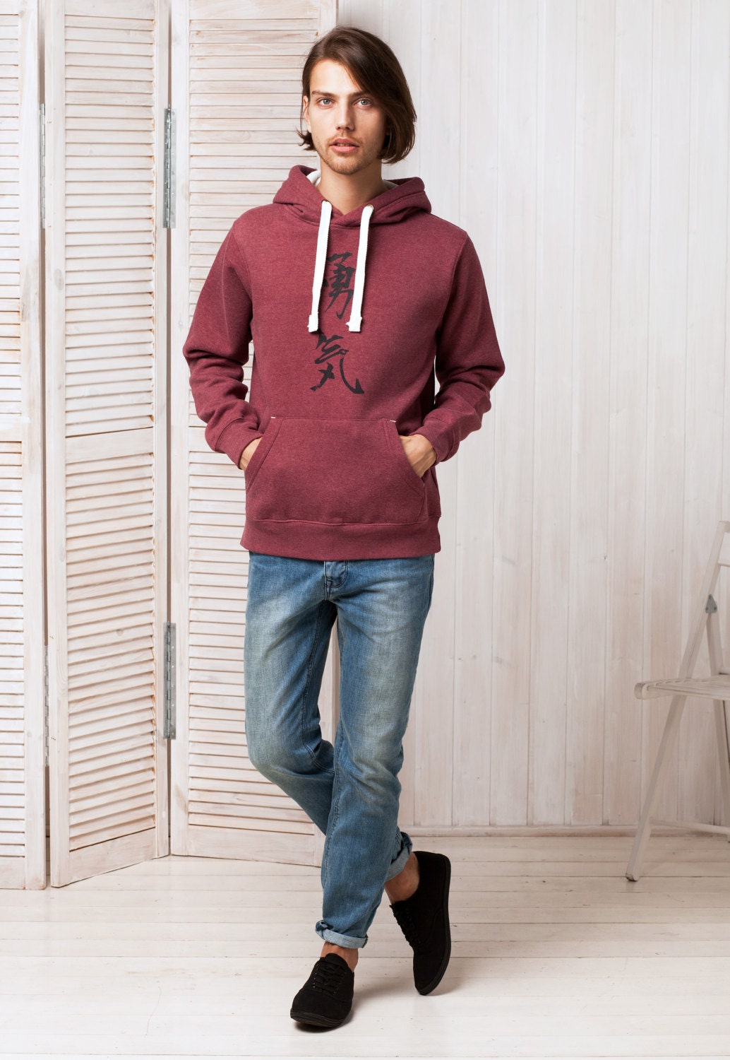Japanese Hoodie Yuki/Courage Japan Calligraphy Positive Motivational Jumper with Thumb Hole Cuffs Mens Womens Printed Sweatshirt Hooded Top