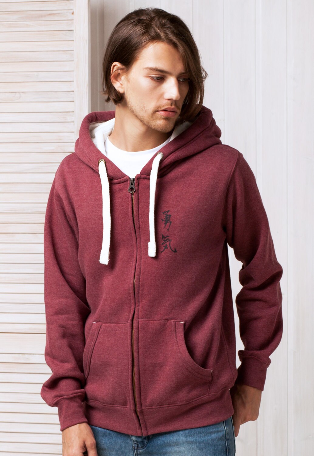 Japanese Zip Hoodie Yuki/Courage Japan Calligraphy Positive Motivational Jumper with Thumb Hole Cuffs Sweatshirt Zip Up Zipped Hooded Top