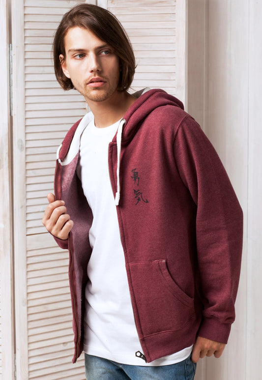 Japanese Zip Hoodie Yuki/Courage Japan Calligraphy Positive Motivational Jumper with Thumb Hole Cuffs Sweatshirt Zip Up Zipped Hooded Top