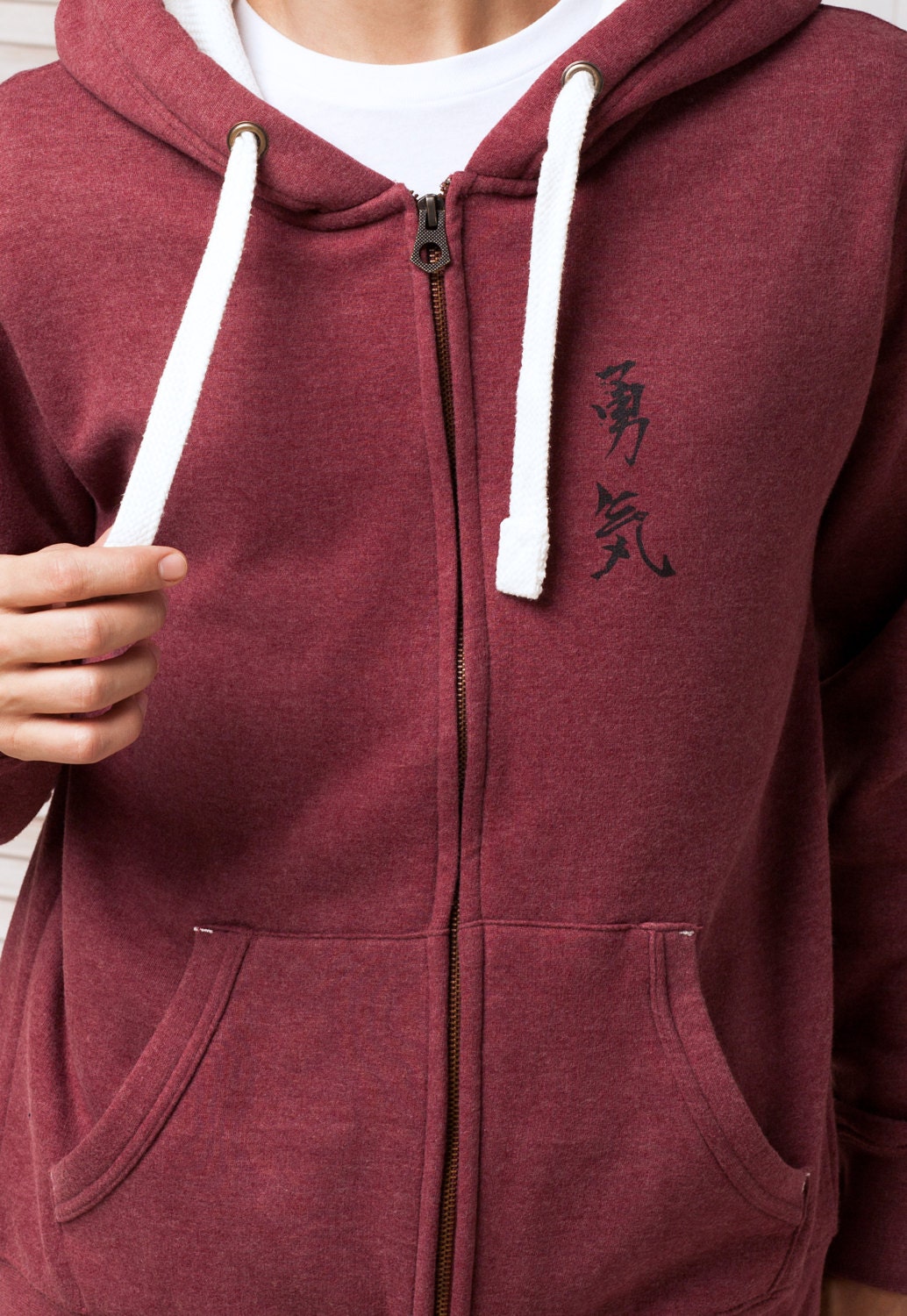Japanese Zip Hoodie Yuki/Courage Japan Calligraphy Positive Motivational Jumper with Thumb Hole Cuffs Sweatshirt Zip Up Zipped Hooded Top