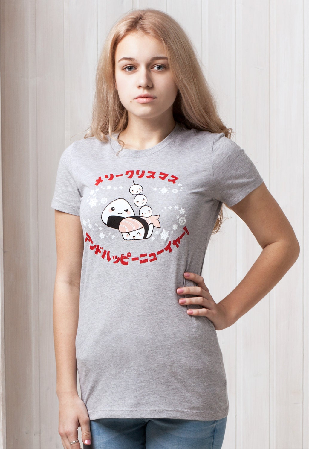 Japanese Christmas T Shirt Kawaii Sushi Xmas Party New Year Snowflake Aesthetic Anime Manga Kawaii Gift Printed Ladies Girls Women's Tee
