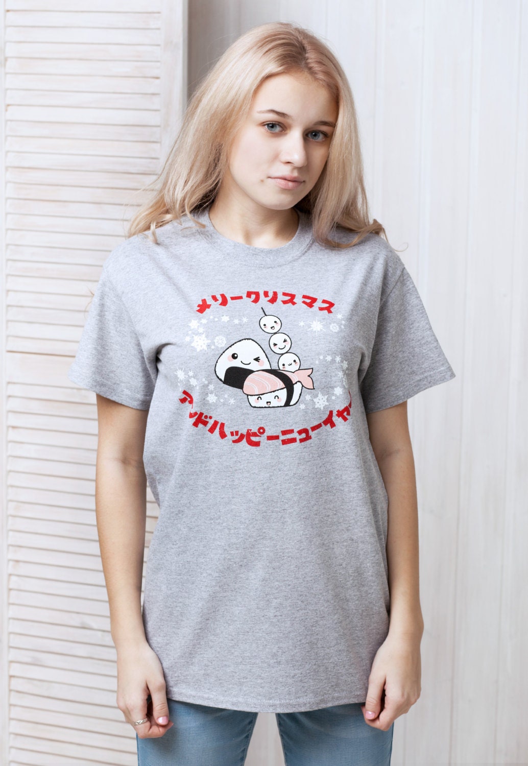 Japanese T Shirt Kawaii Sushi Christmas Party Japan Anime Manga New Year Xmas Cute Gift Snowflake Santa Mens Womens Graphic Printed Tee Top