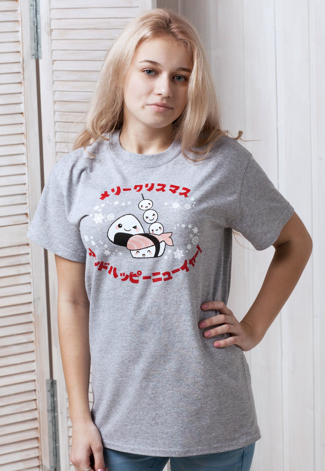 Japanese T Shirt Kawaii Sushi Christmas Party Japan Anime Manga New Year Xmas Cute Gift Snowflake Santa Mens Womens Graphic Printed Tee Top