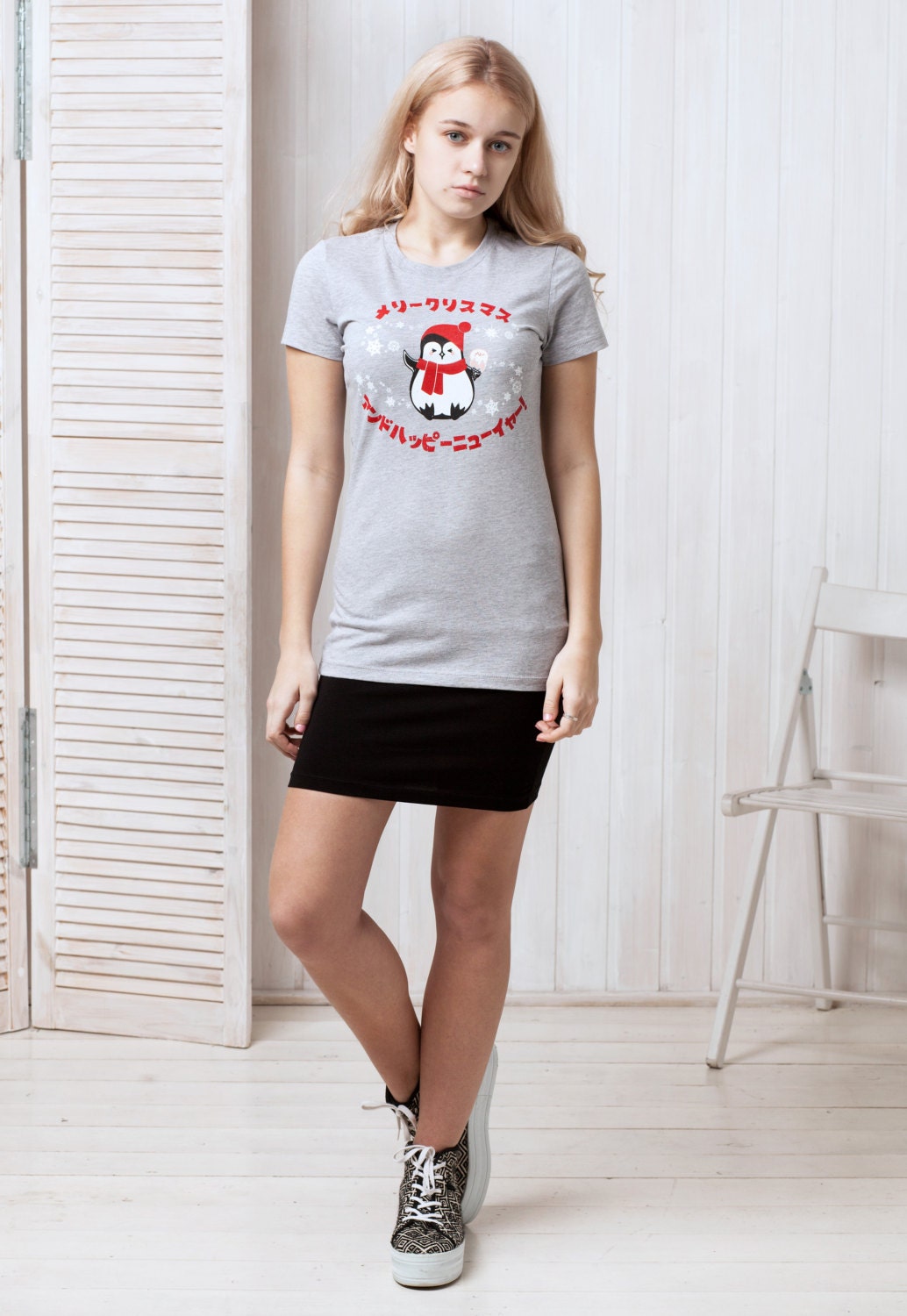 Japanese T Shirt Kawaii Christmas Penguin Japan Anime Manga Xmas Cute Aesthetic Funny Santa Ice Cream Cupcake Printed Girls Women's Tee
