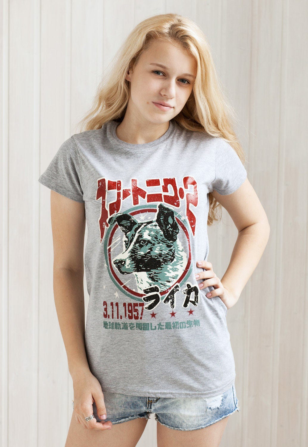 Laika The Space Dog T Shirt – Japanese Shirt - Soviet /Japan Retro Kawaii – USSR CCCP Sputnik Womens Ladies Hand Screen Printed T Shirt Top