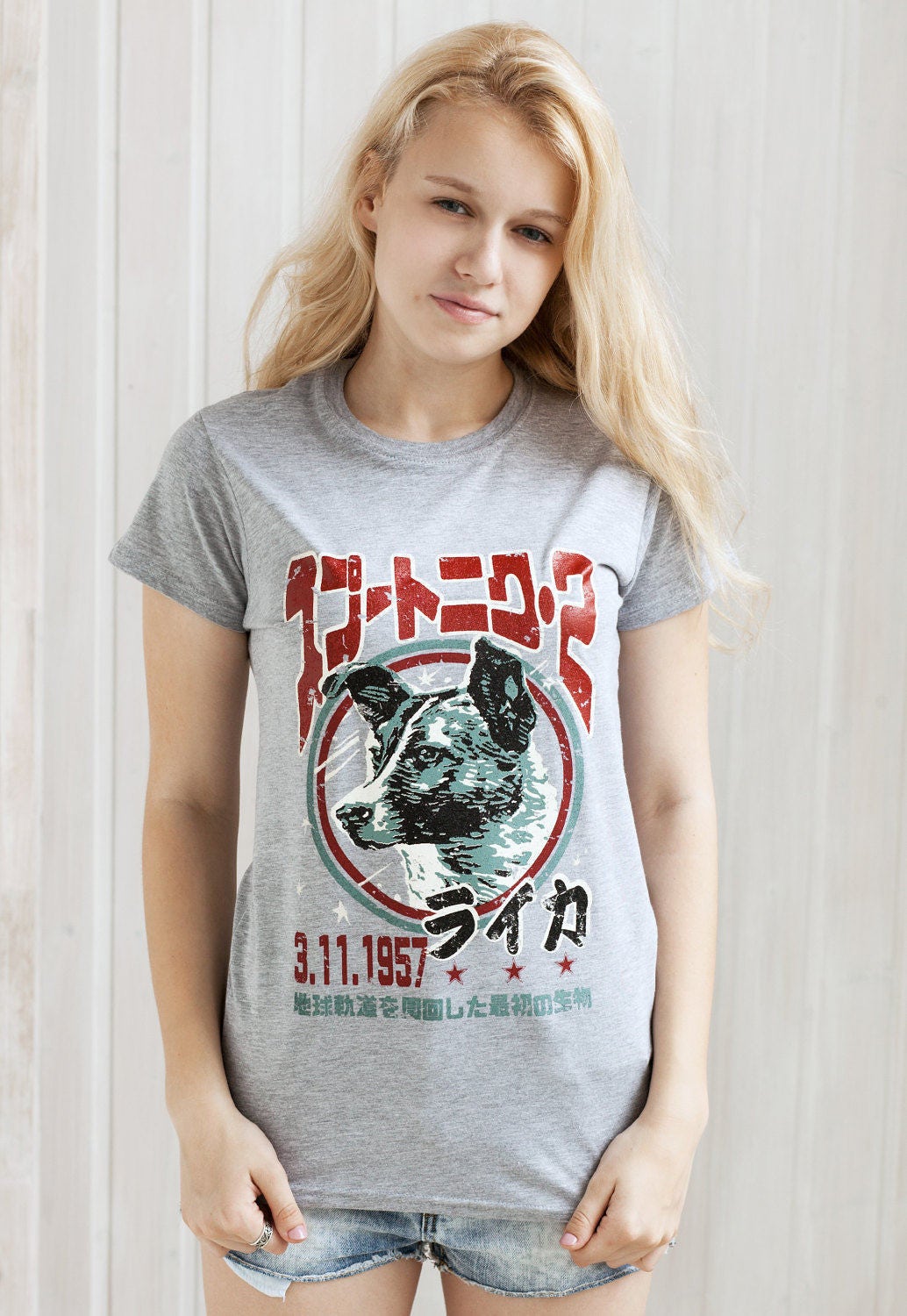 Laika The Space Dog T Shirt – Japanese Shirt - Soviet /Japan Retro Kawaii – USSR CCCP Sputnik Womens Ladies Hand Screen Printed T Shirt Top