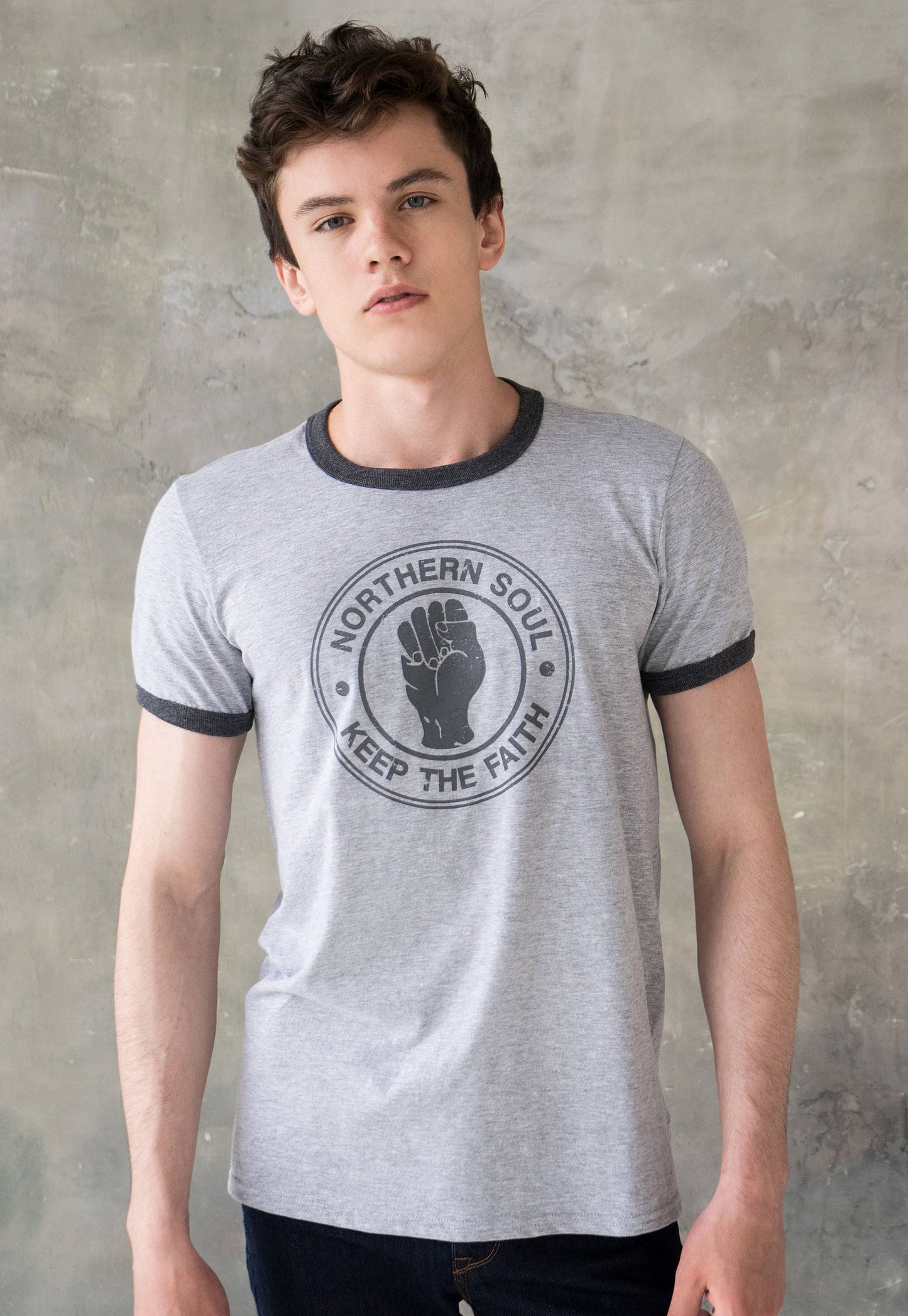 Northern Soul Ringer T Shirt Keep The Faith Logo Distressed Burnout Retro Print Mod Mods Soul 60s Vintage Style Hand Printed T-Shirt Top Tee