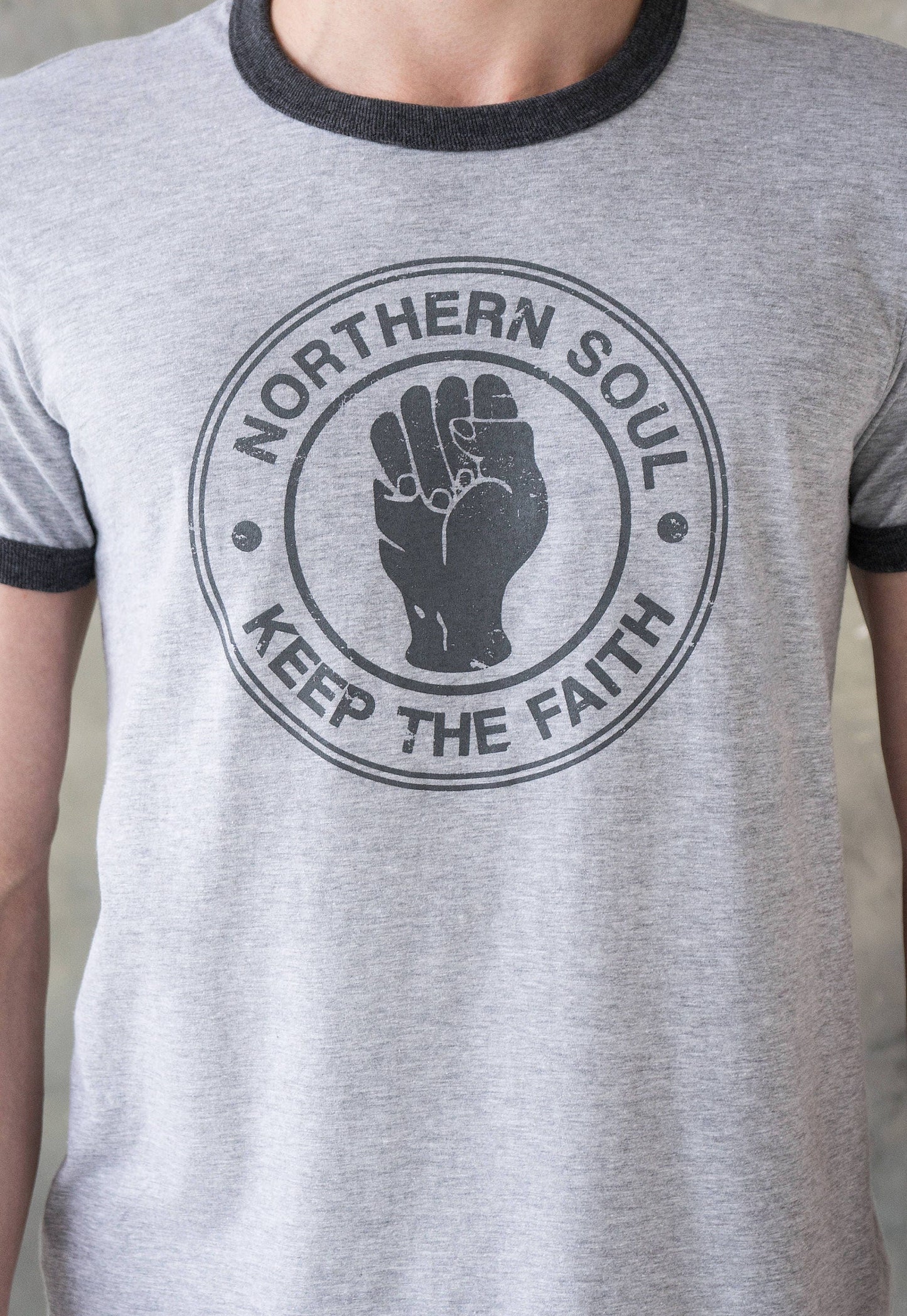 Northern Soul Ringer T Shirt Keep The Faith Logo Distressed Burnout Retro Print Mod Mods Soul 60s Vintage Style Hand Printed T-Shirt Top Tee