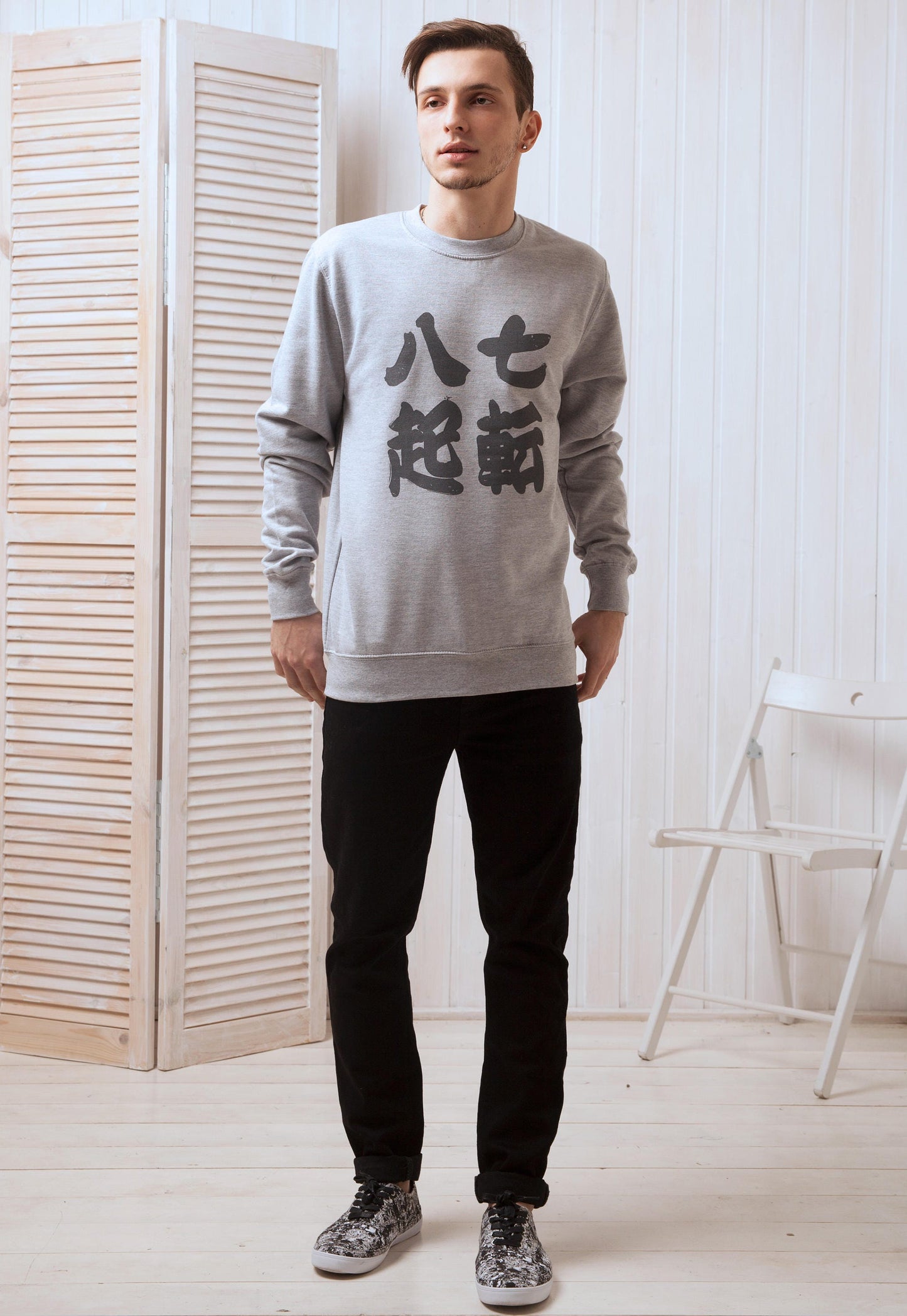 Japanese Sweatshirt Shichiten Hakki Nanakorobi Yaoki Japan Calligraphy Aesthetic Kanji Anime Manga Printed Jumper Long Sleeve Mens Womens