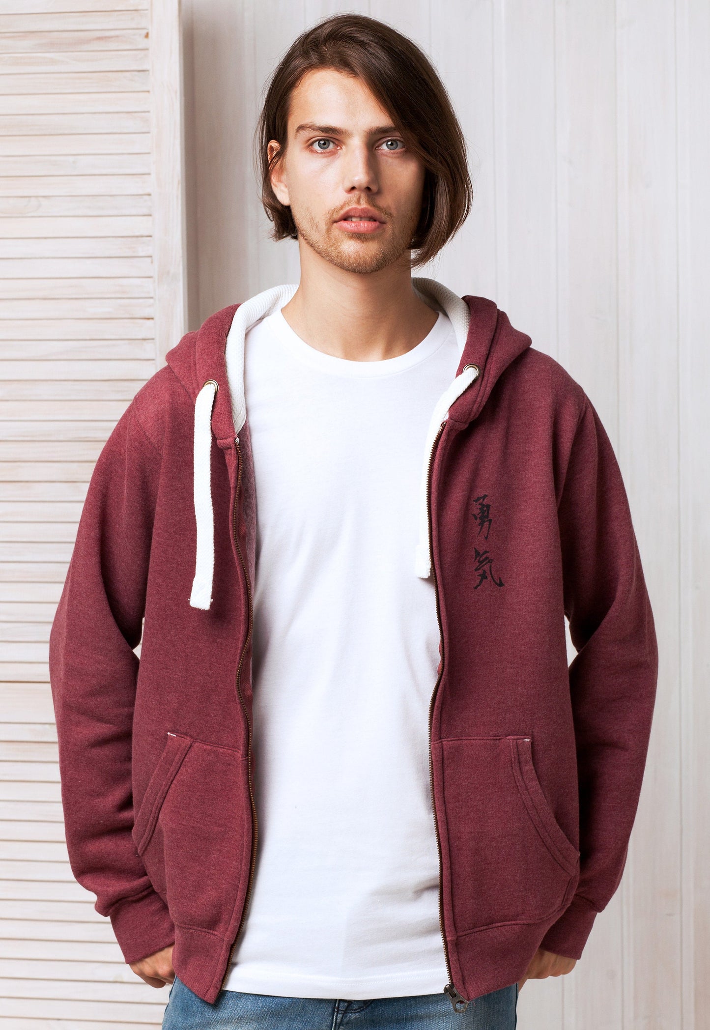 Japanese Zip Hoodie Yuki/Courage Japan Calligraphy Positive Motivational Jumper with Thumb Hole Cuffs Sweatshirt Zip Up Zipped Hooded Top
