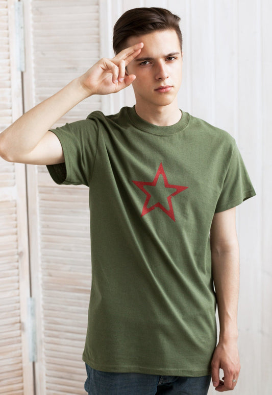 Star T Shirt - Geometric Abstract Minimalist Distressed Print Vintage USSR CCCP Soviet Army Mens Womens Graphic Printed Khaki Tee T-Shirt