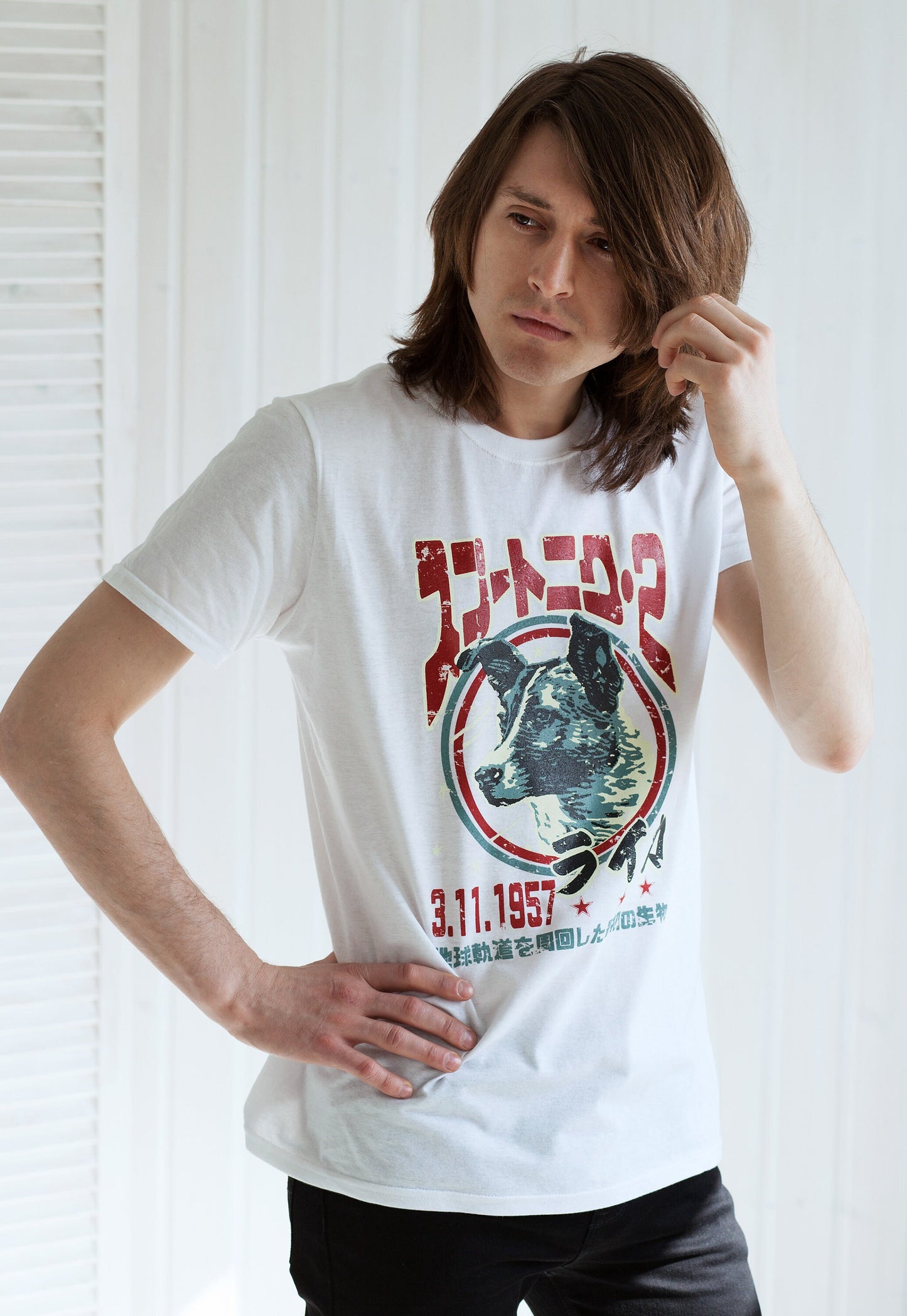 Laika The Space Dog T Shirt Japanese Soviet Retro Science Fiction Sci-Fi Mars Moon Geek Astronomy Cosmology Men's Women's Screen Printed Tee