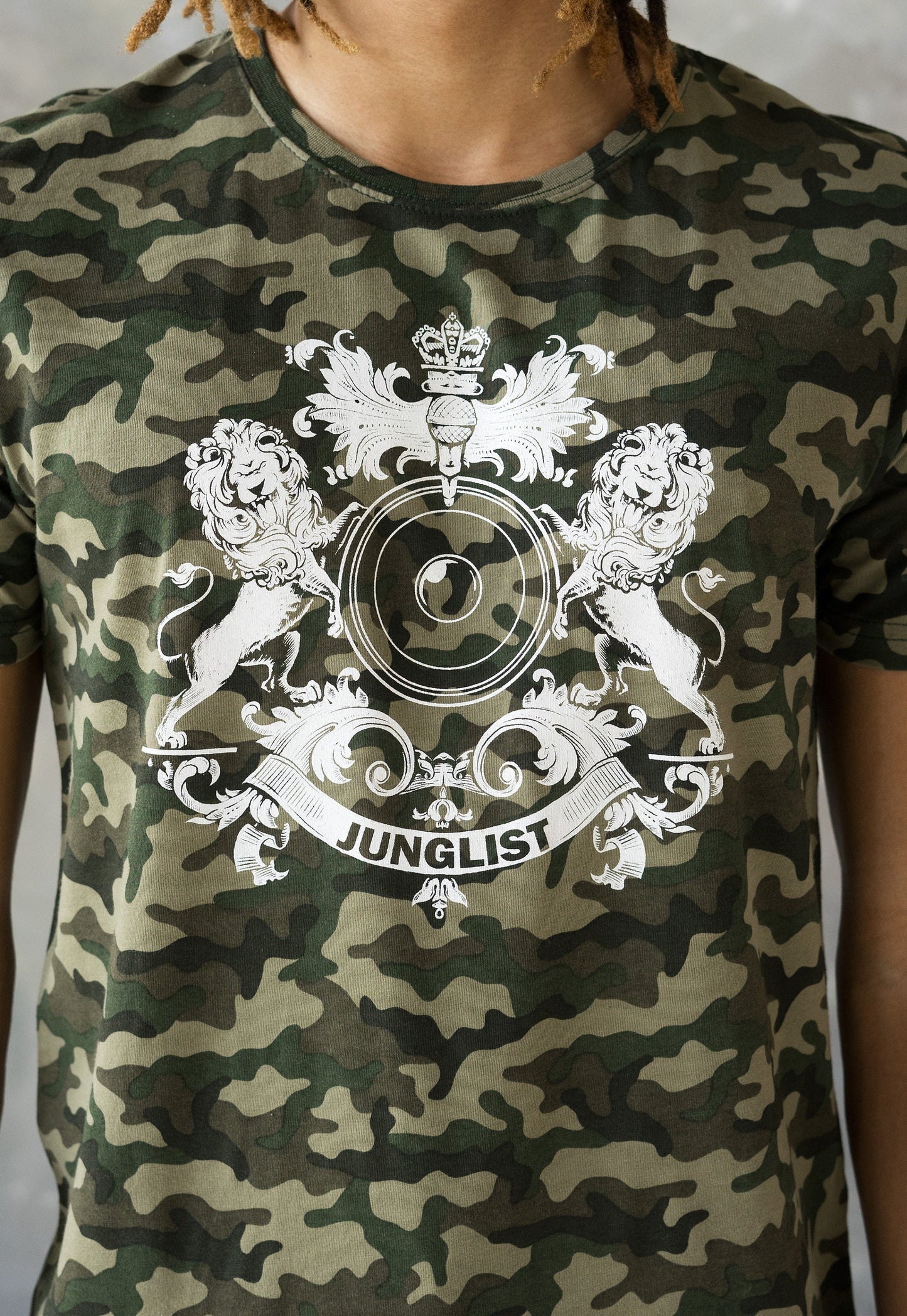 Junglist Coat Of Arms T Shirt Jungle Massive Crest Drum and Bass DJ & Synth Music Producer Festival Camo Camouflage Graphic Printed Tee