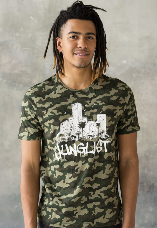Junglist Sound System T Shirt - Jungle Massive Drum and Bass DJ & Synth Music Producer Amen Camo Camouflage Graphic Printed Mens Womens Tee