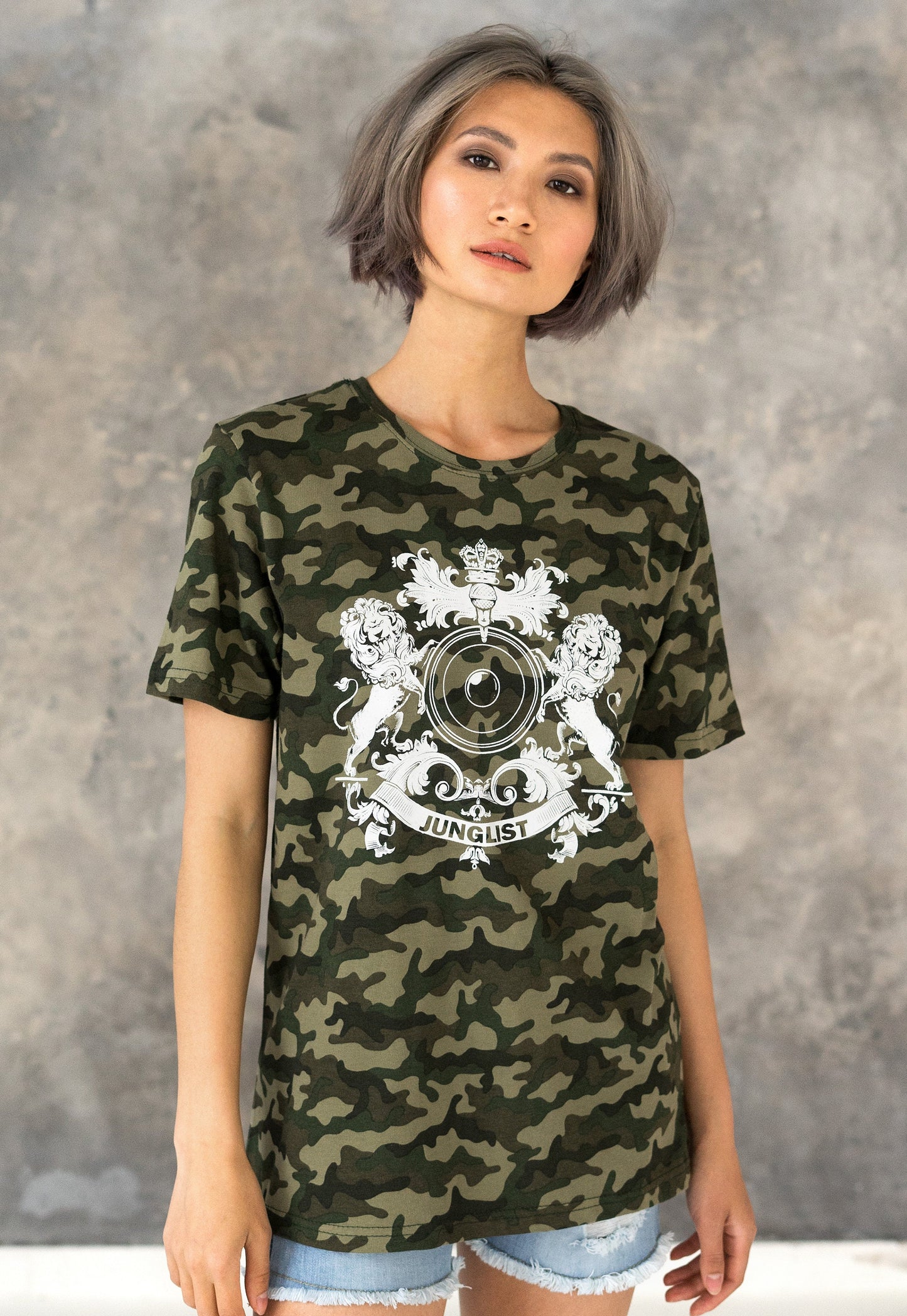 Junglist Coat Of Arms T Shirt Jungle Massive Crest Drum and Bass DJ & Synth Music Festival Camo Camouflage Graphic Women's Printed Tee