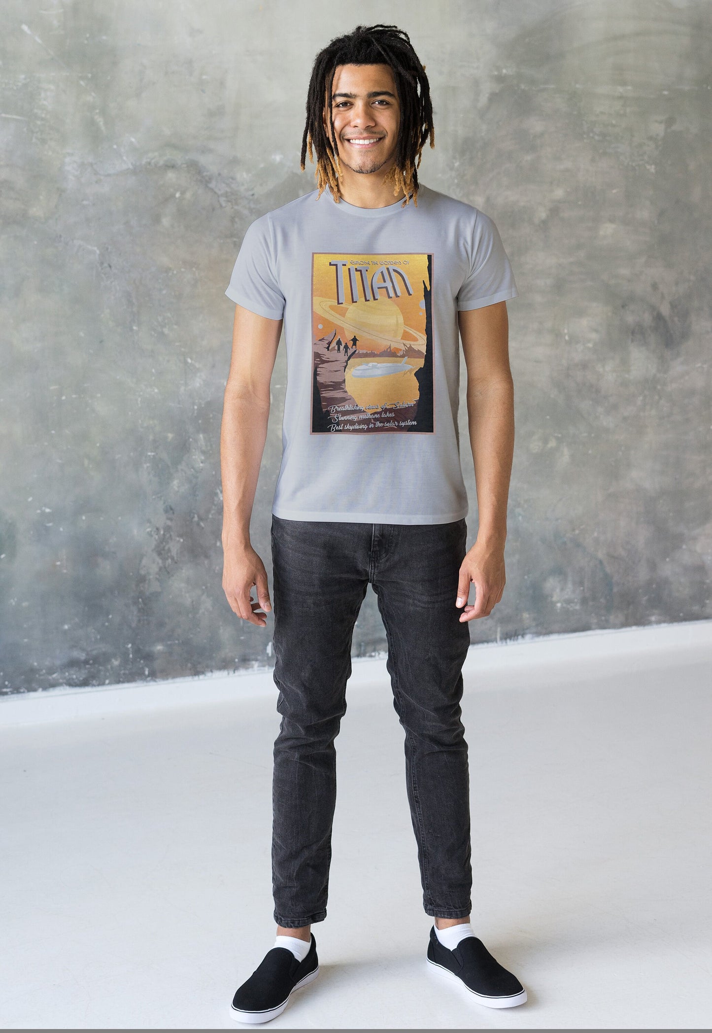 Visit Titan T Shirt Retro Travel Poster Hard Science Sci Fi Geek Geeky Astronomy Mars Saturn Mission Cosmos Space Men's Unisex Printed Tee