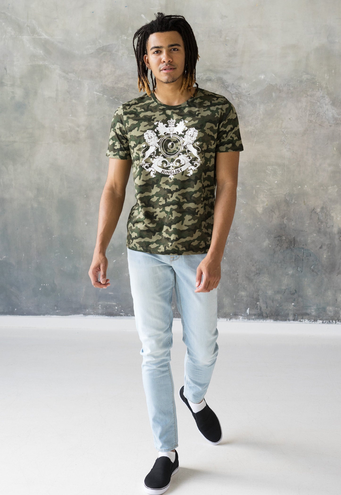Junglist Coat Of Arms T Shirt Jungle Massive Crest Drum and Bass DJ & Synth Music Producer Festival Camo Camouflage Graphic Printed Tee