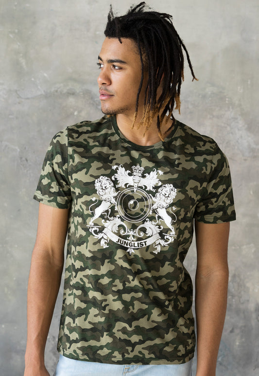 Junglist Coat Of Arms T Shirt Jungle Massive Crest Drum and Bass DJ & Synth Music Producer Festival Camo Camouflage Graphic Printed Tee
